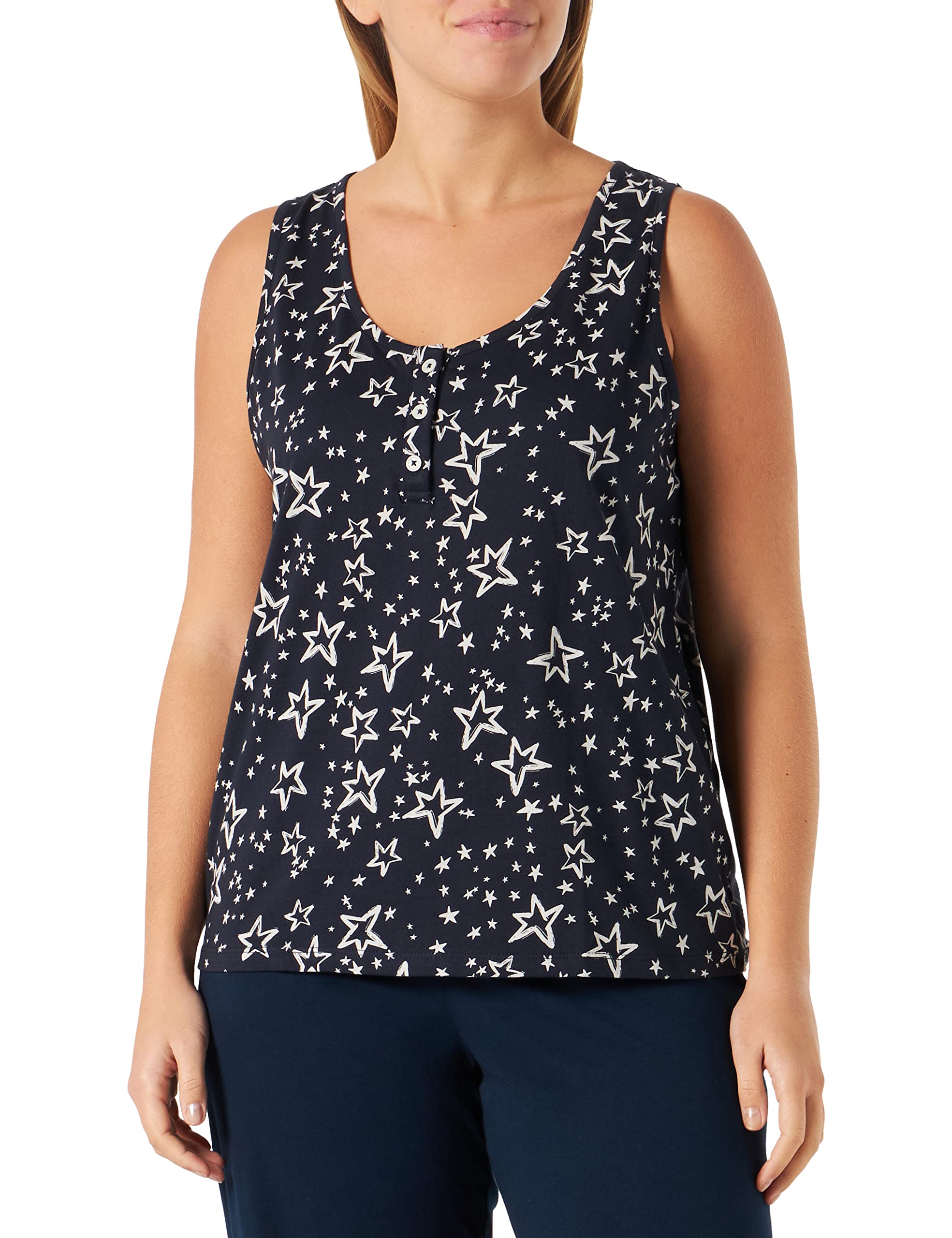People Tree Women's Stars Pyjama Vest in Pristine on Navy Blazer (Navy), 100% organic certified cotton, Size 10