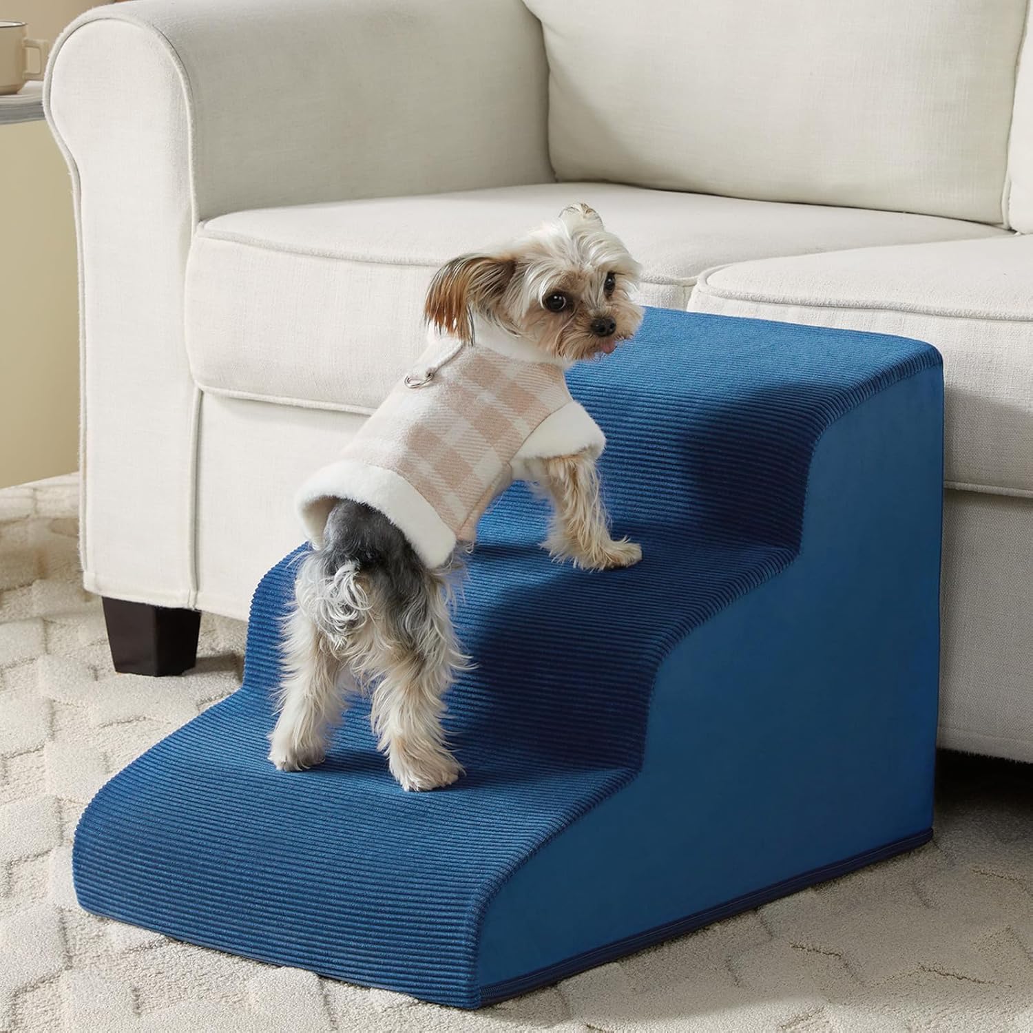 LNSSFFER Dog Stairs for Small Dogs, 3-Steps Dog Ramp for Bed and Couch, Pet Stairs with Highly Supportive Foam and Non-Slip Bottom, Dog Steps for Cat and Doggie, Blue