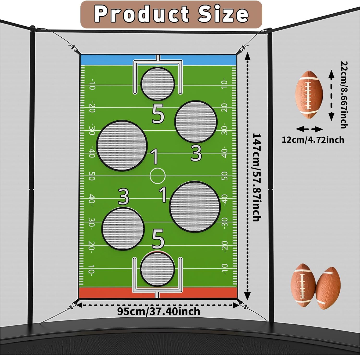 jumpfly Trampoline Football Game Accessories, Toss Throwing Target Net Fits 8 FT/10 FT/12 FT/14 FT Recreational Trampolines with Two Footballs - Trampoline Indoor Outdoor Party Games for Kids