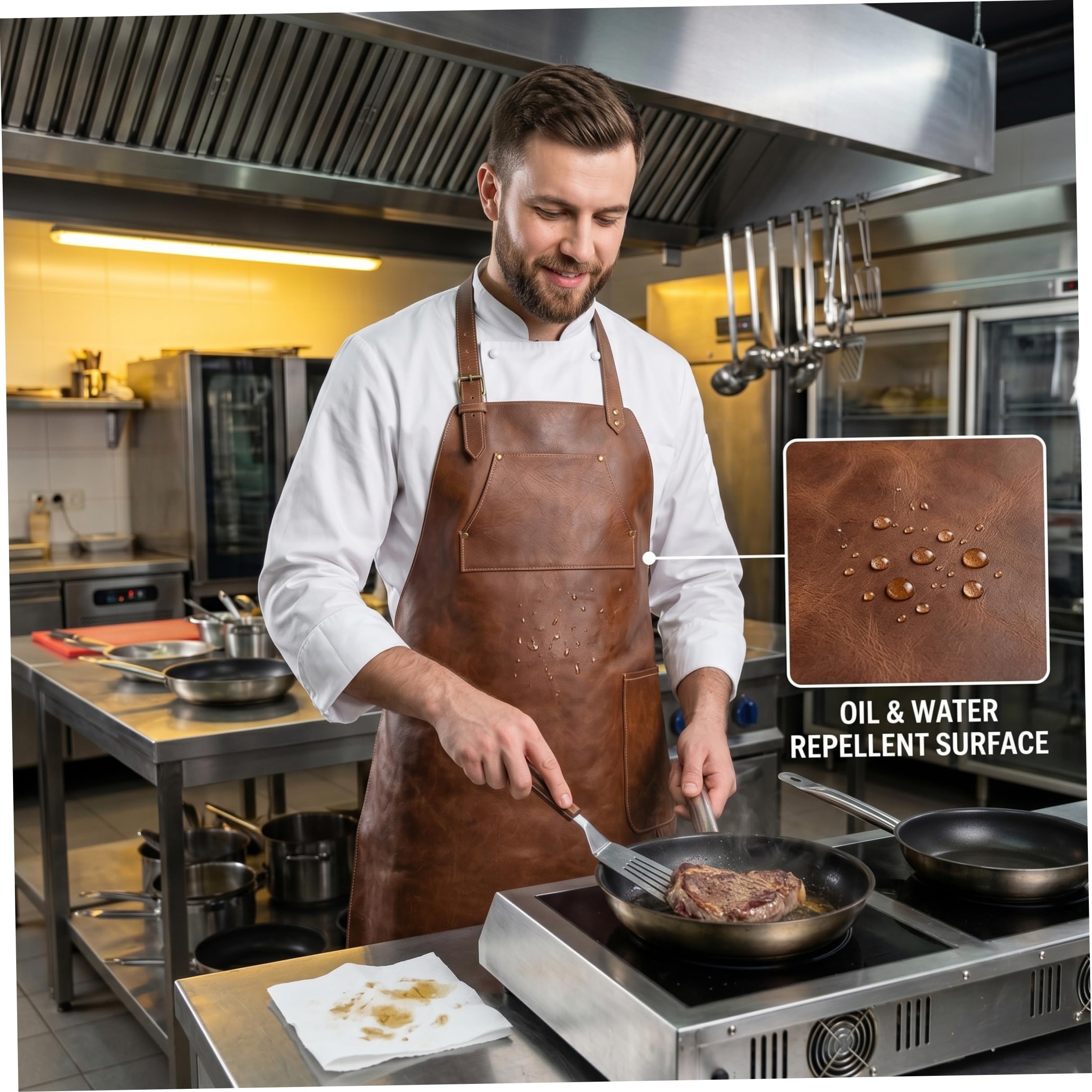 Delantal de barbacoa de cuero para hombre impermeable y resistente al aceite con correa ajustable para el cuello y bolsillo para herramientas - Delantal de cuero marrón para hombre impermeable