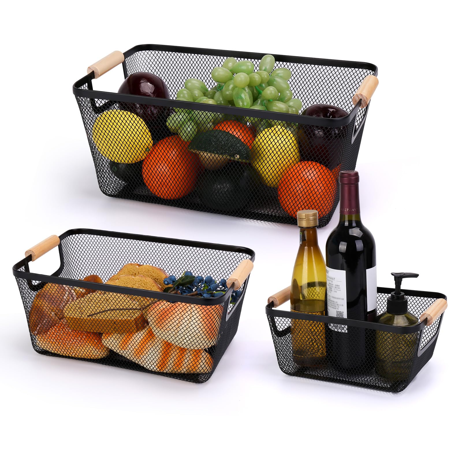 Drahtkorb zum Organisieren, Drahtkorb aus Metall mit Holzgriff, Stahl-Aufbewahrungskorb für Küche, Lebensmittelplatte, Heimschrank, Schränke, Picknick, Zuhause (Schwarz, 3-teilig)