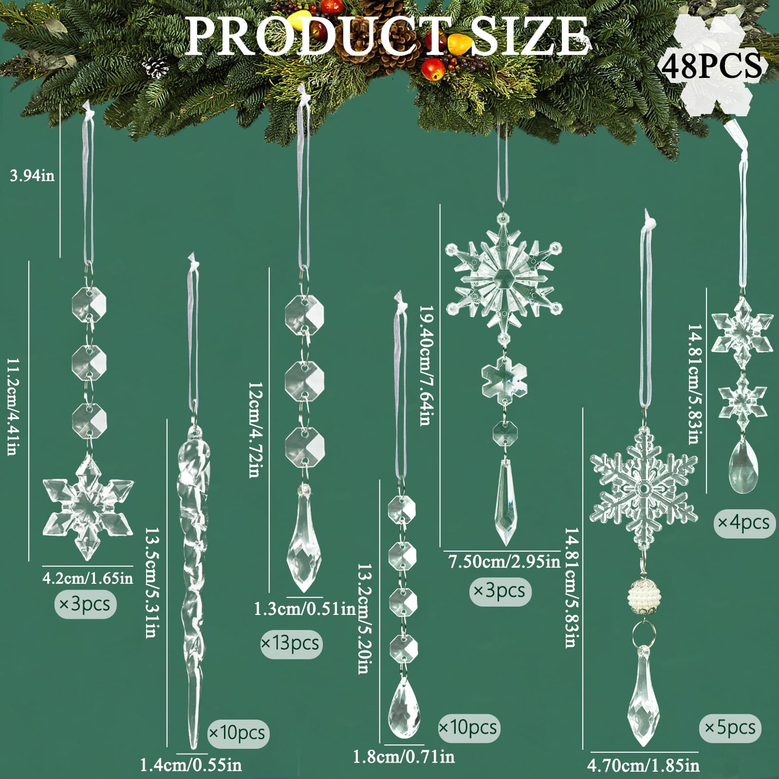 Adornos para árbol de Navidad, 48 Piezas de Copos de Nieve y carámbanos de Nieve, Adornos de Navidad para Fiestas de Invierno o Fiestas de Frozen