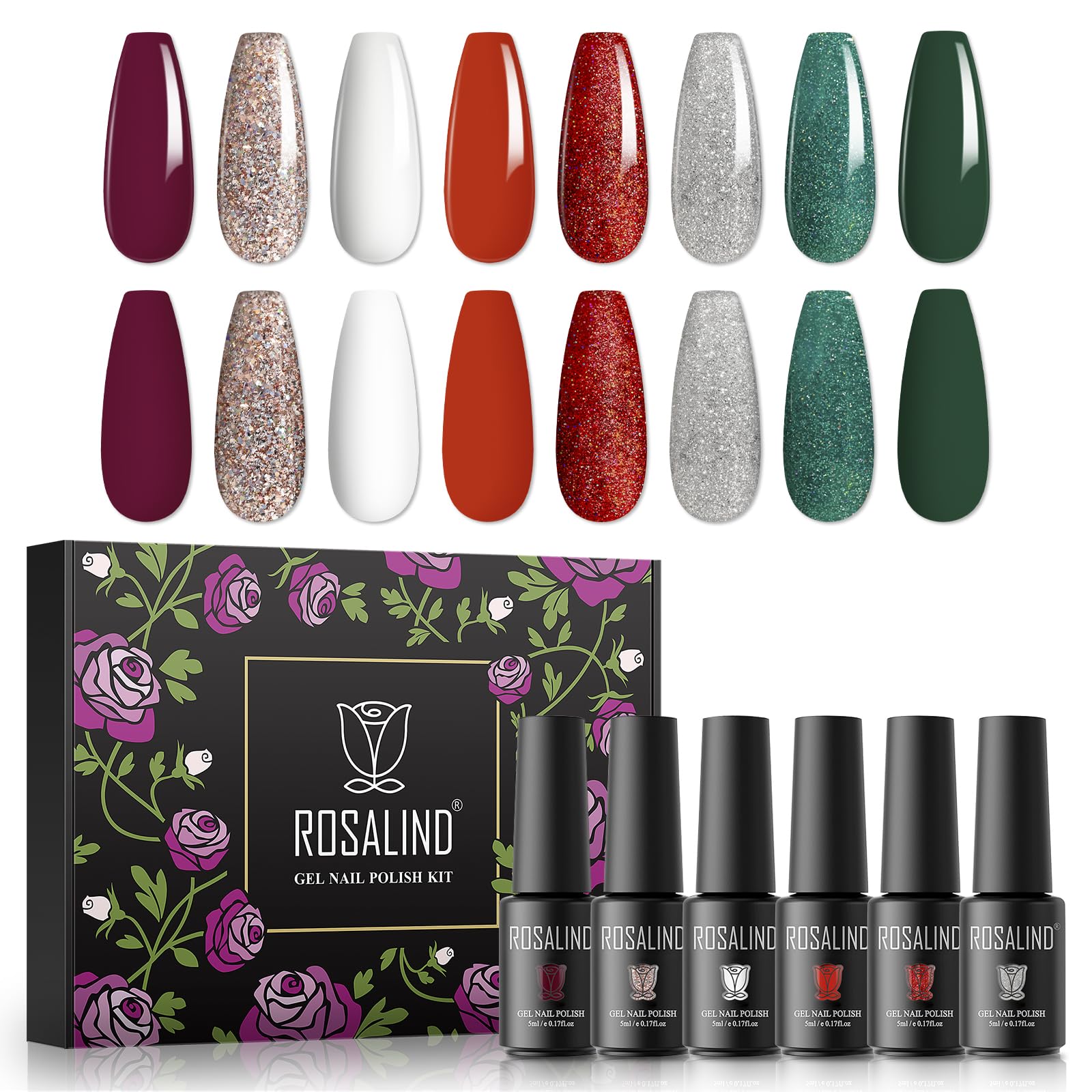 ROSALIND Esmaltes Semipermanentes para Uñas, Color Navideño Rojo Blanco Verde Glitter Rojo Dorado Plateado Pintauñas Semipermanentes, 5ml UV Gel de Uñas Semipermanente, Christmas Set Manicura 8Pcs