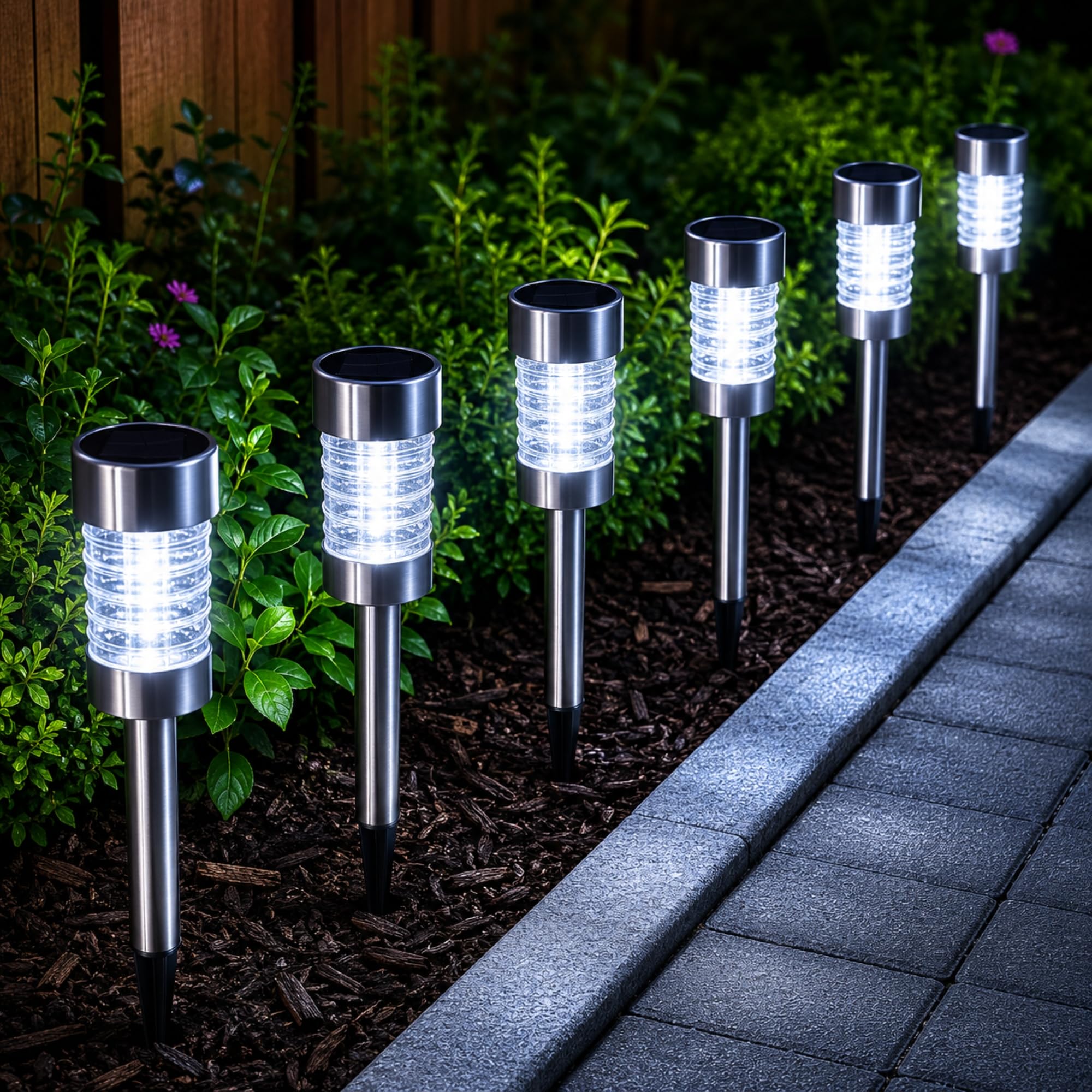 Fabulouz Solar Stake Lights for Outdoor Garden, 6 Pack Pathway Lights with Stainless Steel Stake and Glass Bollard Top, Cool White LED, Auto On/Off, Rechargeable Battery Included