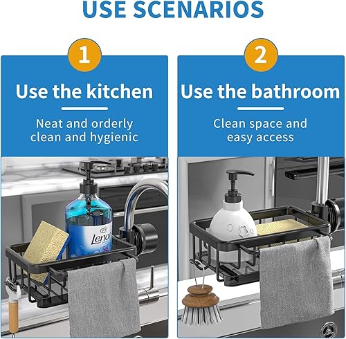 Miniatura 4 de Soporte de esponja para fregadero de cocina, organizador de fregadero de cocina, estante de drenaje desmontable de aluminio espacial con gancho para