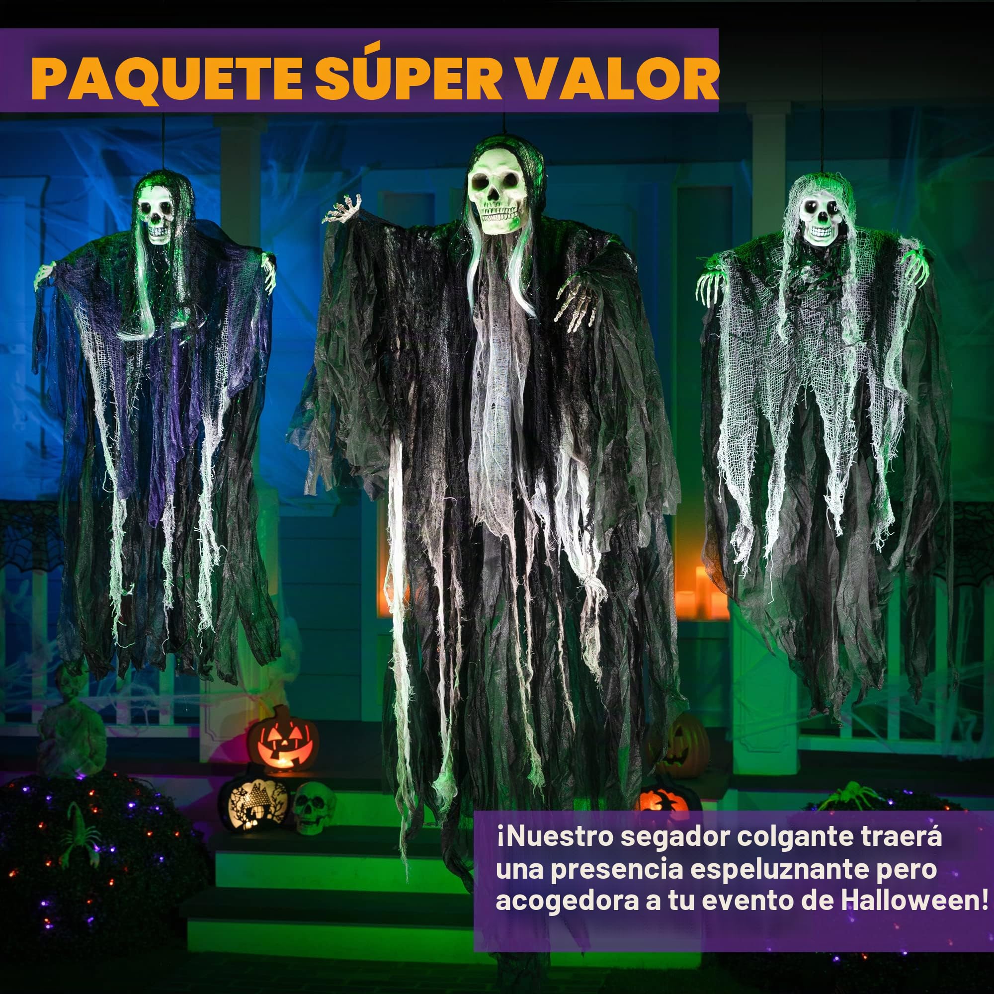 JOYIN Paquete de 3 Decoraciones Colgantes de Fantasmas de Esqueleto de Halloween, Parcas, Las Mejores Decoraciones de Halloween al Aire Libre
