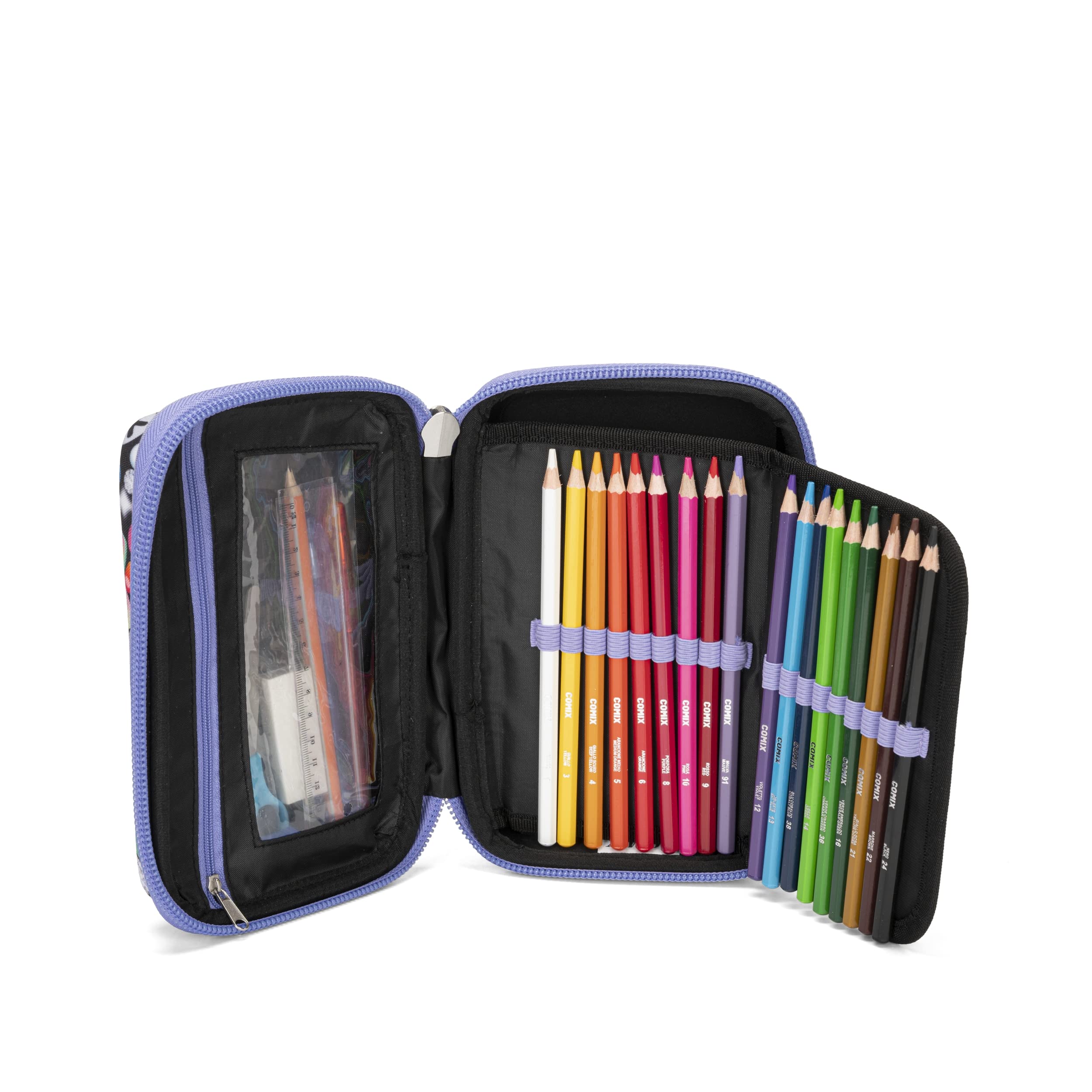 Astuccio Scuola, Astuccio Maxi Zip per Bambini e Ragazzi, con Set Cancelleria Incluso, Cover Metal Iridescente, Rigido con Maxi Logo e Tirazip in Metallo, 21 x 14,5H x 6,5 cm