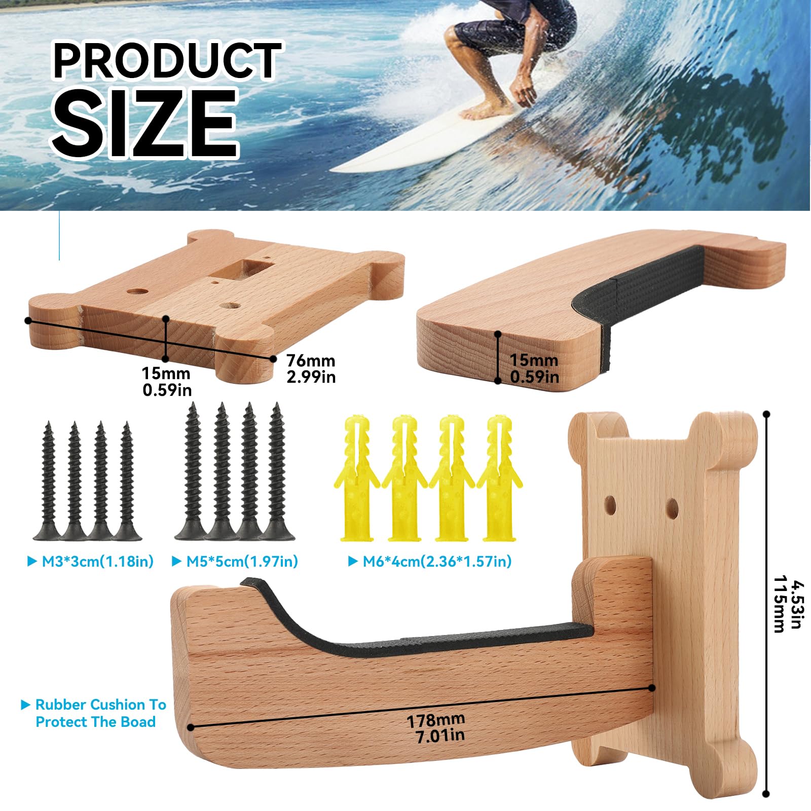 Wifsakong Surfboard Wall Mount Rack – Beech Wood Surf Board Wall Hangers with M6 Expansion Bolts – Vertical or Horizontal Surfboard Storage for Longboard, Shortboard, Skimboard