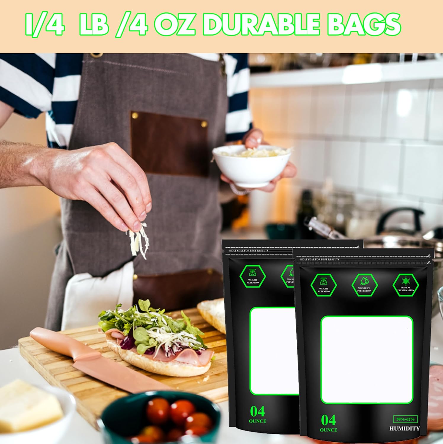1/4 LB Storage Terp Bag 58%-62% RH 2-Way Humidity Control Bags for Curing & Storage Resealable Standup 4 oz Humidity Bags (10)
