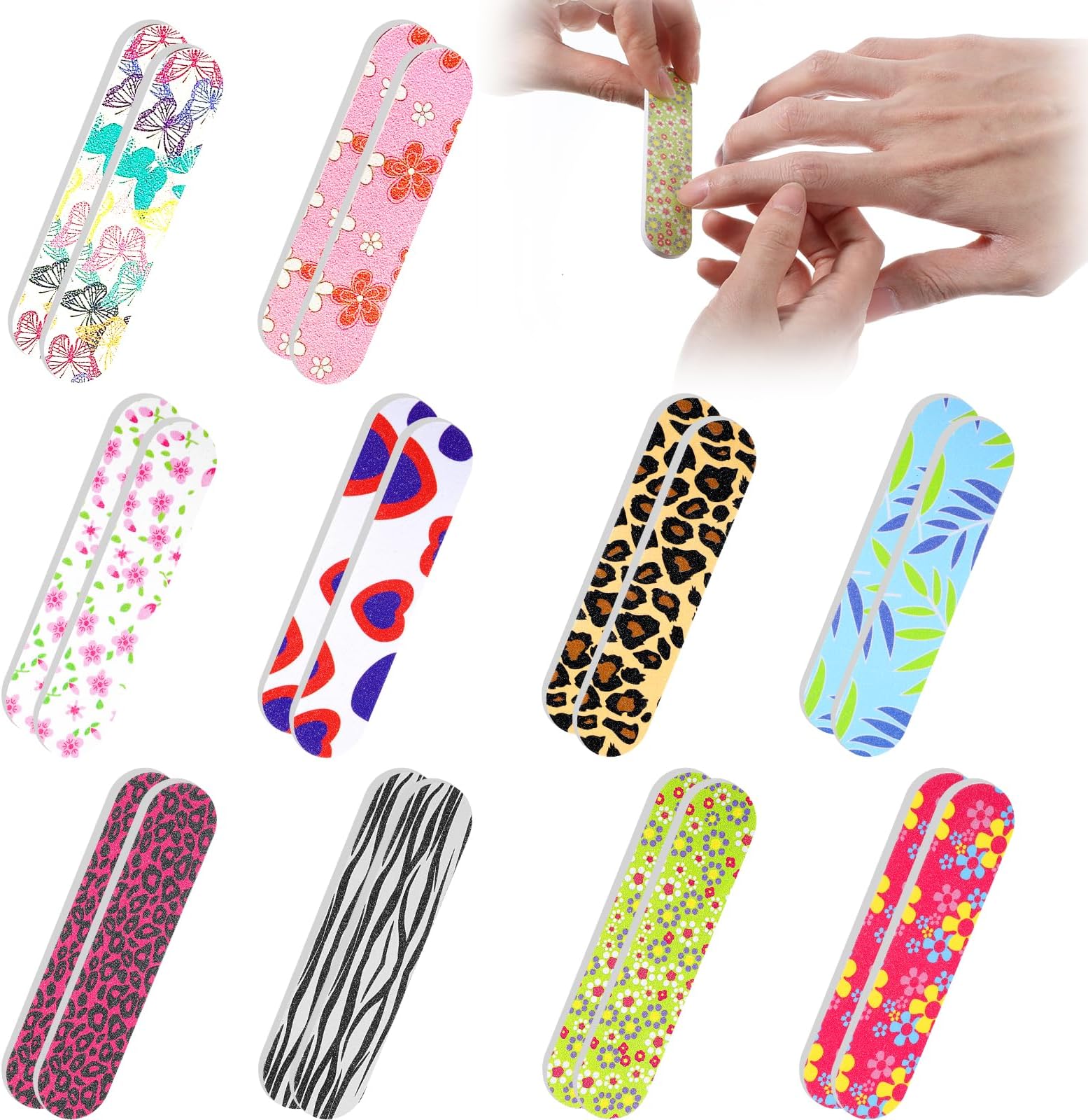 20Pcs Mini Nail Files Bulk Emery Boards for Acrylic & Natural Nails Colorful Floral Double Sided Mini Nail Buffer Manicure Tools for Women Girls Home and Salon Use