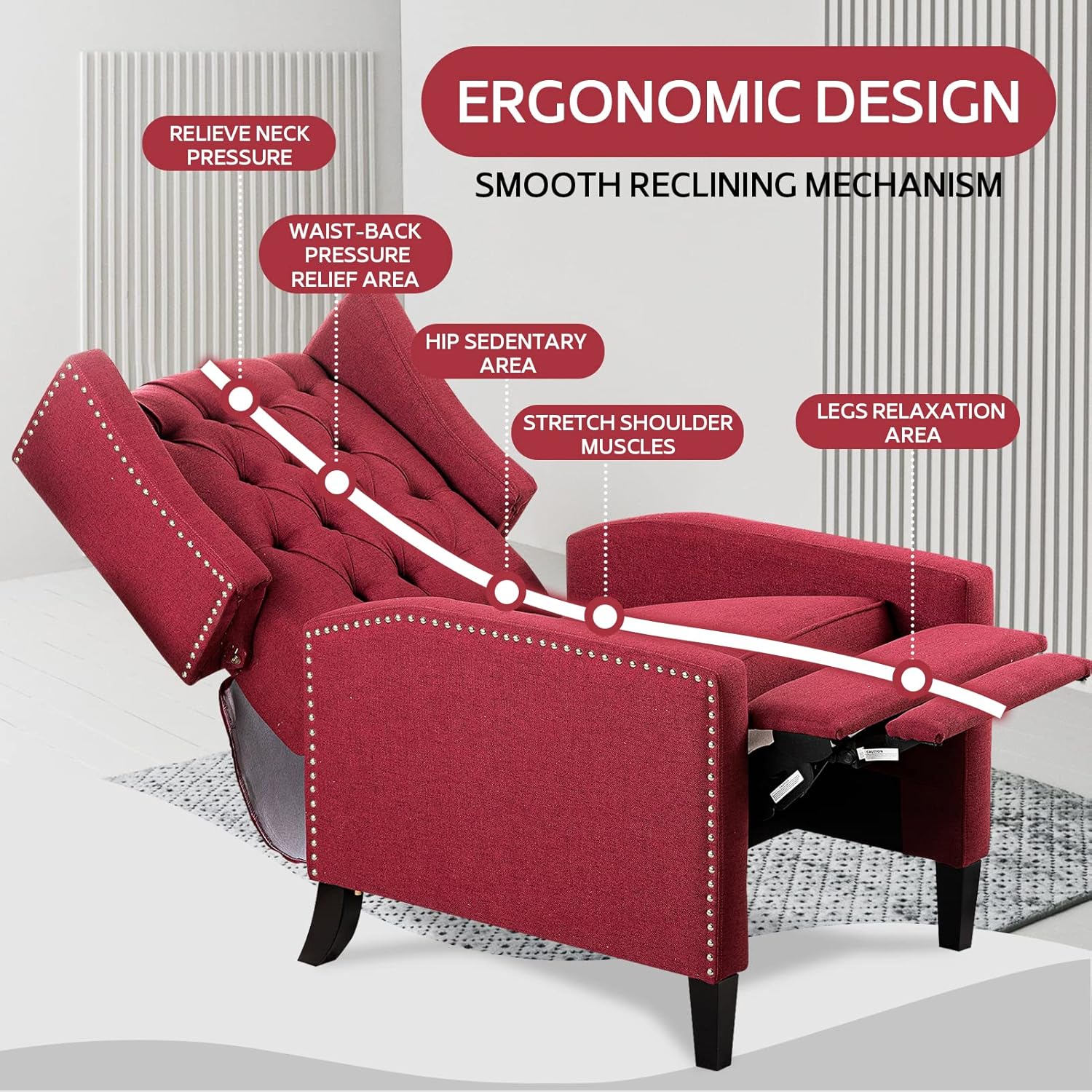 Recliner Chair for Adults Red Fabric Accent Chairs Living Room Mid-Century Modern Recliner Button Tufted Club Chair Upholstered Vintage Reclining Reading Arm Chair 27" Wide