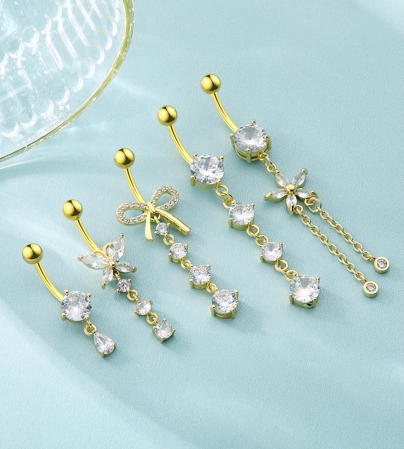 Belly Button Rings Gold Plated Silver Pink Clear CZ Belly Rings for Women Heart Bow Flower Butterfly Teardrop Dangle Navel Belly Button Piercing Jewelry - Image 3