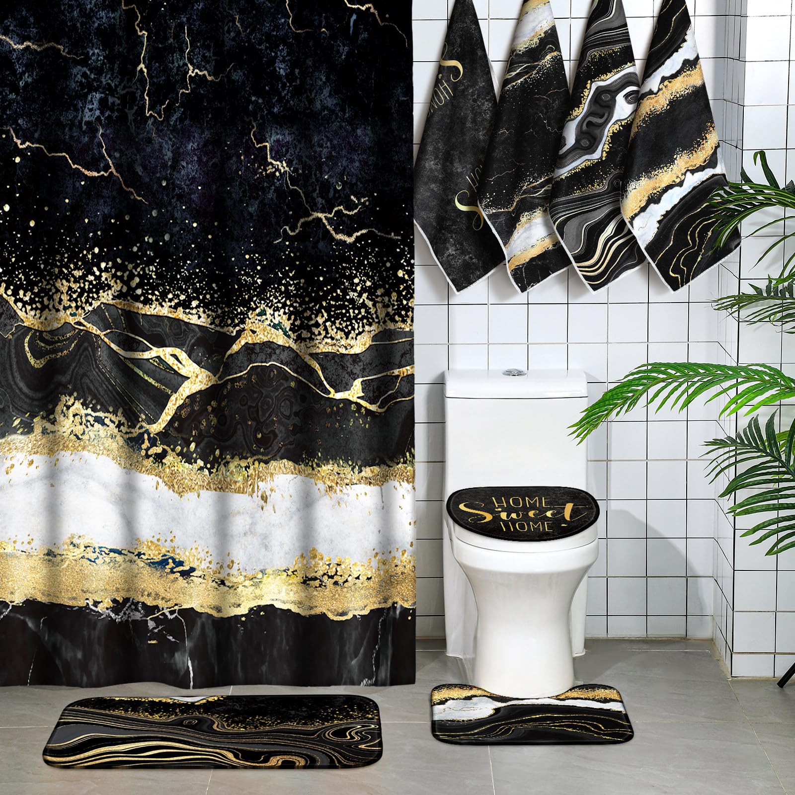 Honoson 8 Pcs Black and Gold Marble Shower Curtain Set with Rugs and Kitchen Towels Marble Farmhouse Shower Curtain Bathroom Set for Farmhouse Country