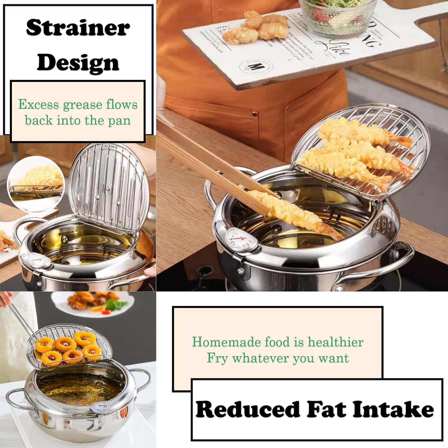 Deep Fryer Pot japanese frying pot Japanese Mini Stainless Steel Frying Pot Temperature Controlled Household Tempura Frying Pan Thermometer Induction Cooker Deep Fryers