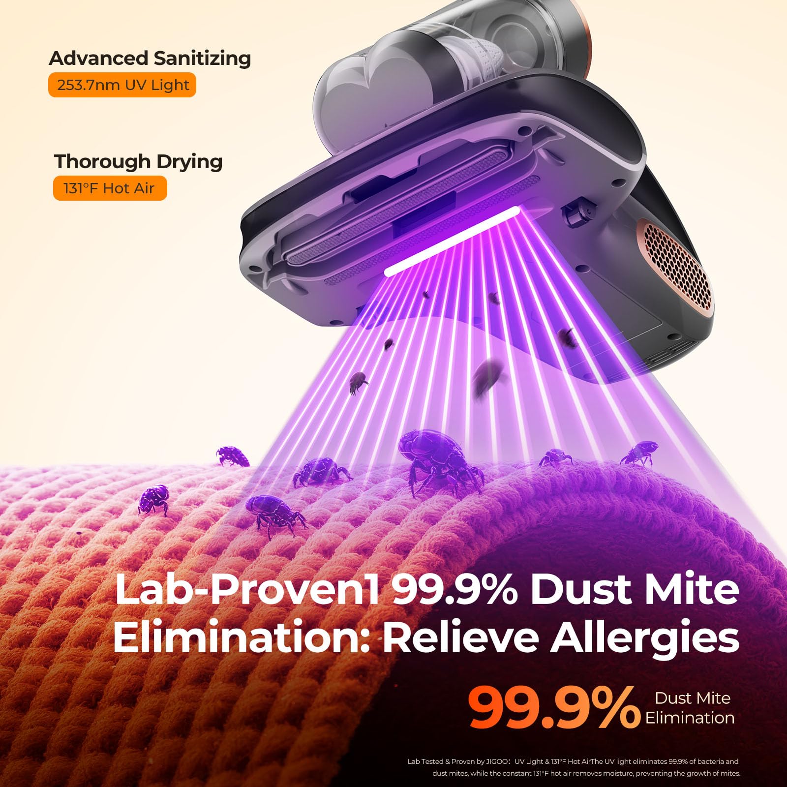 JIGOO S100 Battimaterasso Wireless: Aspirador Antiácaros 80000 RPM/Minuto con Limpieza Profunda, Luz UV y Anti-Alérgenos