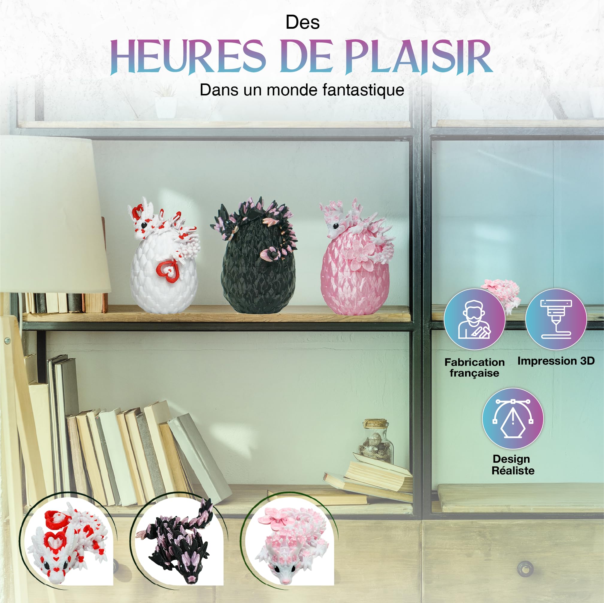 3 piccoli draghi cristalli articolati carini con il loro uovo stampati in 3D Pack decorazione universo fantasy Fidget giocattolo idea regalo unica decorazione per la casa, camera da letto, soggiorno