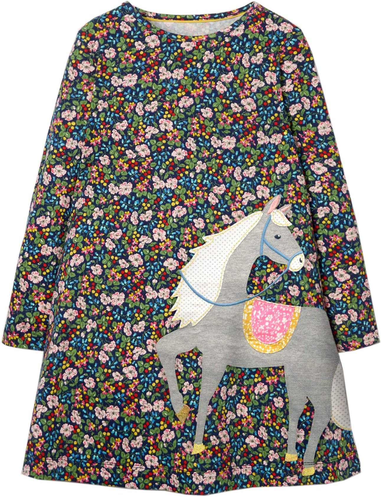 YoulebaoGirls Cotton Long Sleeve Casual Cartoon Appliques Striped Jersey Dresses