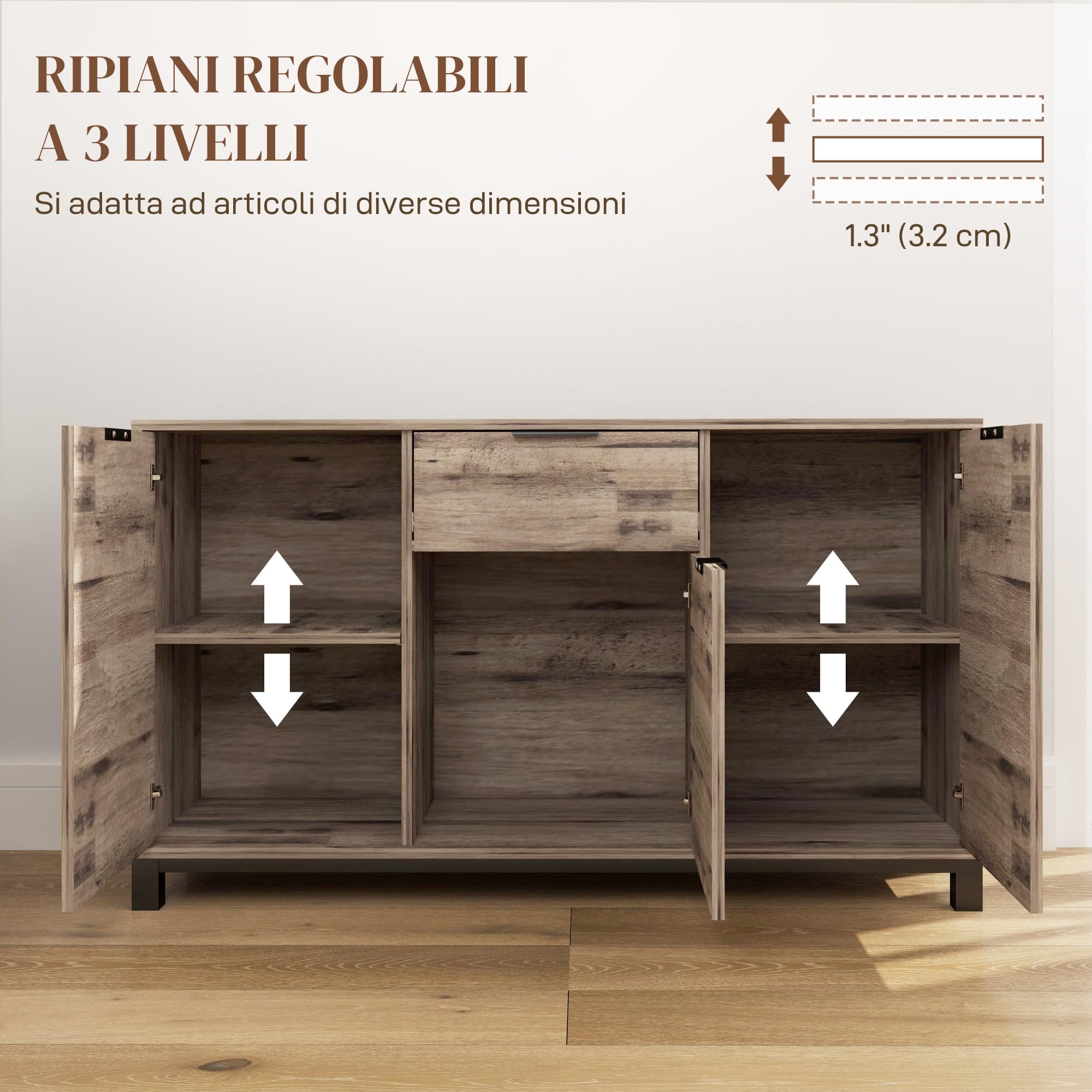 HOMCOM Mobile Soggiorno Madia, 3 Armadietti, 120x36.5x70 cm, Marrone | Credenza Soggiorno, Cassetto, Ripiani Regolabili, Gambe in Acciaio in Stile Industriale, Sala da Pranzo, Cucina