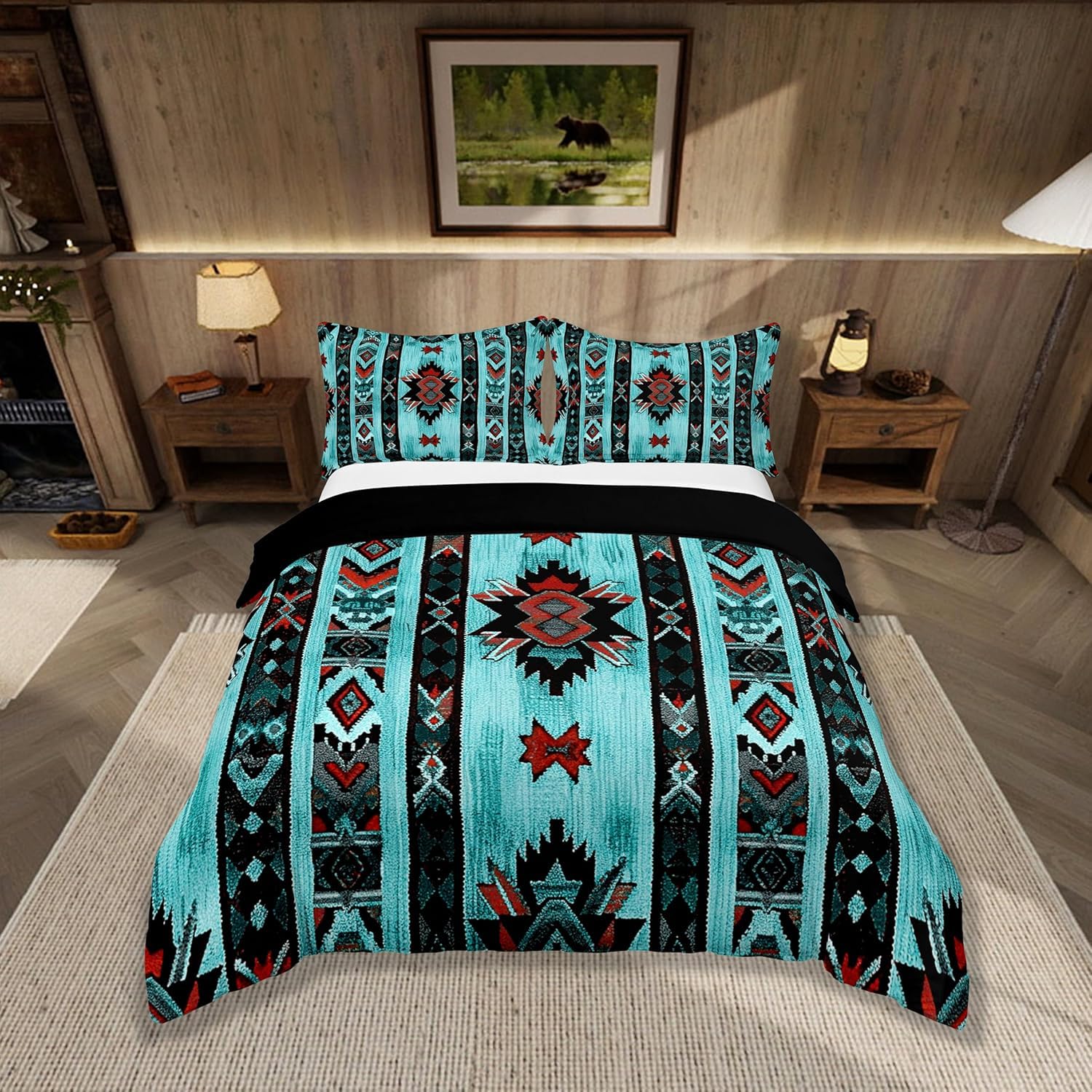 Homemissing Blue Green Southwest Bedding Set Double Size Geometric Tribal Exotic Style Duvet Cover Set Native American Indian Design Duvet Cover with 2 Pillowcases Stripes Line Bedclothes