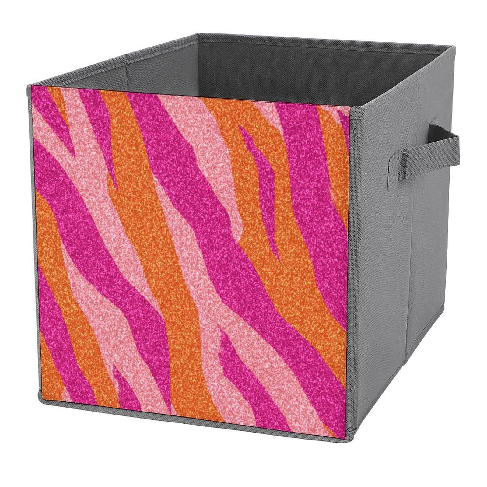 Jubonexis Hot Pink Orange Glitter Zebra Stripes Minimalistic Cube Storage Bins Storage Cubes Foldable Decorative Fabric Storage Baskets Home Organizers with Handles for Shelves,Closet, 27x27 CM