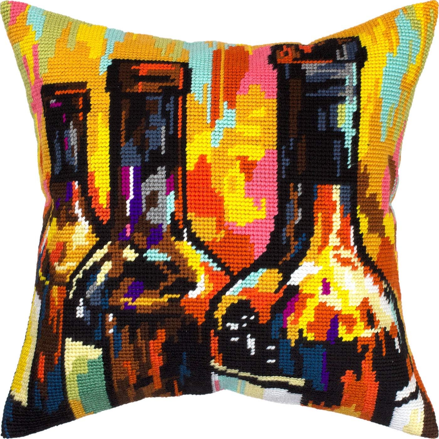 Still life Stamped Cross-Stitch Kit for Adults and Beginners — Still Life with Wine Bottles 16″ × 16″ with Clear, Precise Printed Design on Cotton Canvas; Includes 2 Needles, Yarn, and Easy-Read Chart