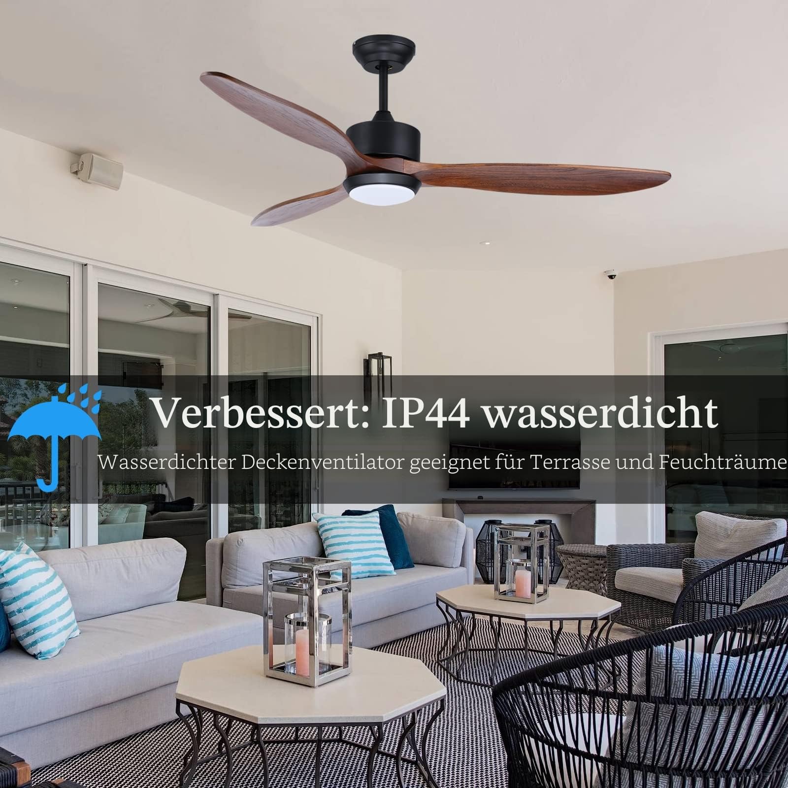 Ovlaim 132cm Walnuss Holz Deckenventilatoren mit Beleuchtung Fernbedienung | 3-Blatt-Propeller Smart Deckenventilator für Indoor Outdoor, hoher Luftstrom leiser DC-Motor