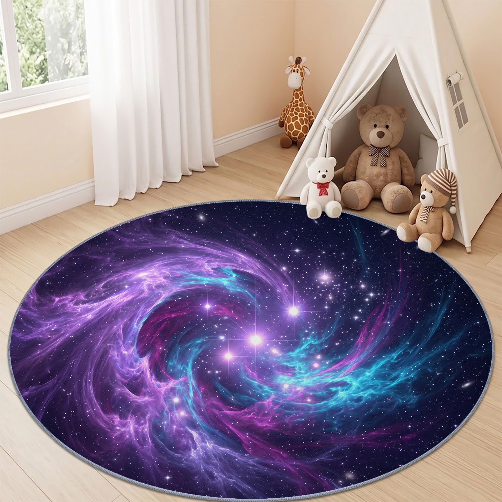 Space Galaxy Cosmic Galaxy Nebula & Stars - Alfombra redonda de 120 cm, lavable, alfombra de área para bebé, niños, niñas, alfombra de juego, alfombra antideslizante suave, morado y azul