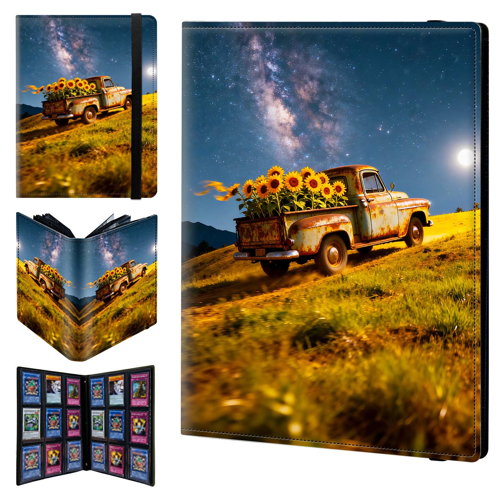 9 Pocket Trading Card Binder 720 Side Loading Pocket Album with Galaxy Sunflower Flowers Pattern Design Card Binder for Sports Cards & Game Cards