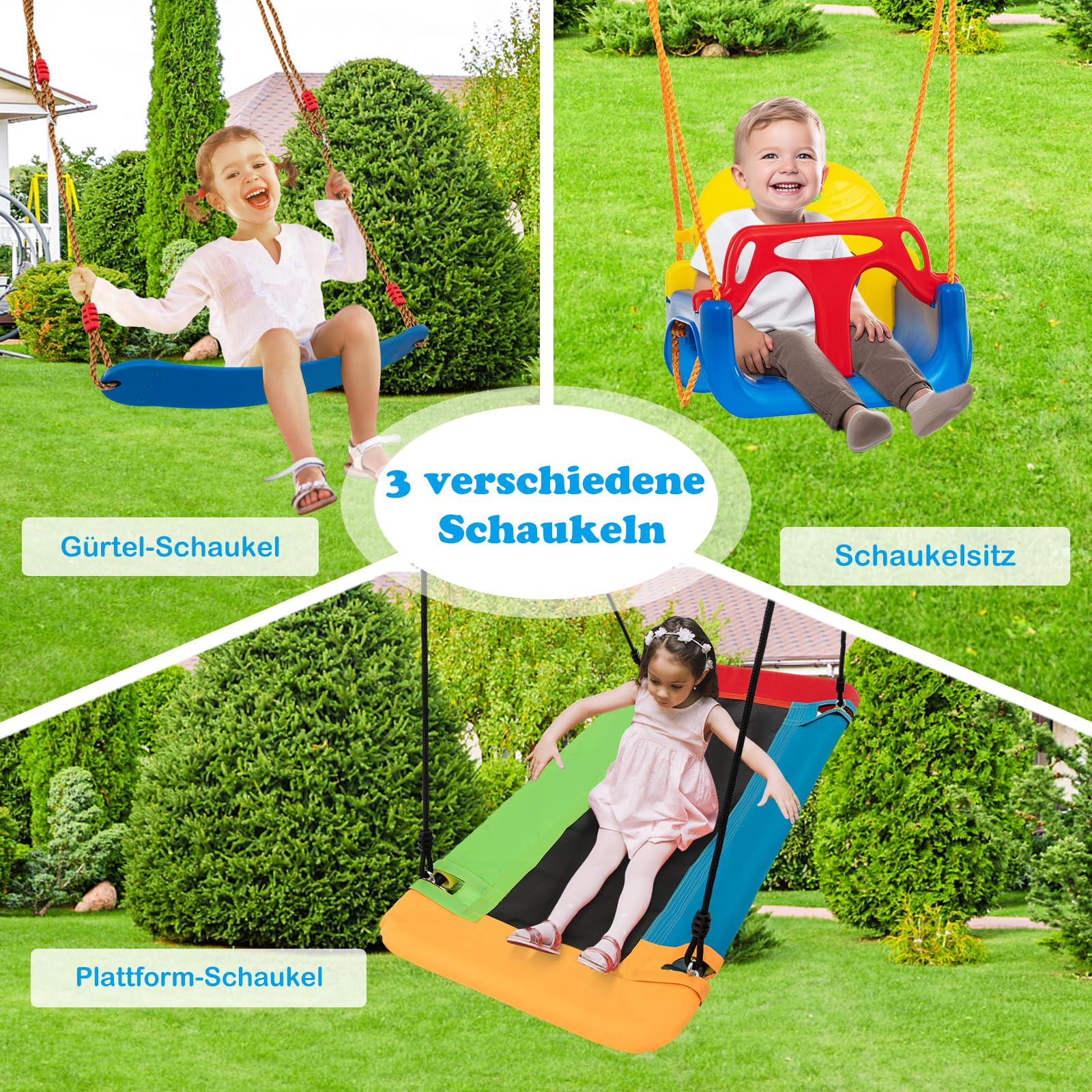 COSTWAY Schaukel mit Gestell Outdoor, Schaukelgestell Metall mit Erdspießen | Schaukelgerüst mit Nestschaukel, elastischer Kinderschaukel & Babyschaukel, Outdoor Schaukel für Kinder, 350 x 182 x 188 cm