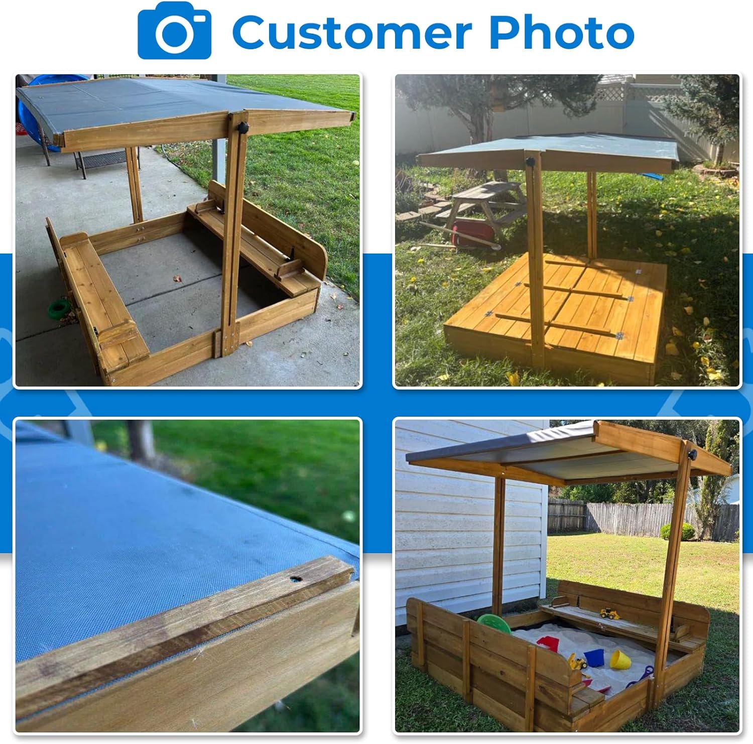 Large Kids Sandbox with Lid & Adjustable Canopy, Wooden Outdoor Sand Box with 2 Foldable Benches, Weatherproof Play Station Gift for Toddlers Ages 2-8 (47x47In