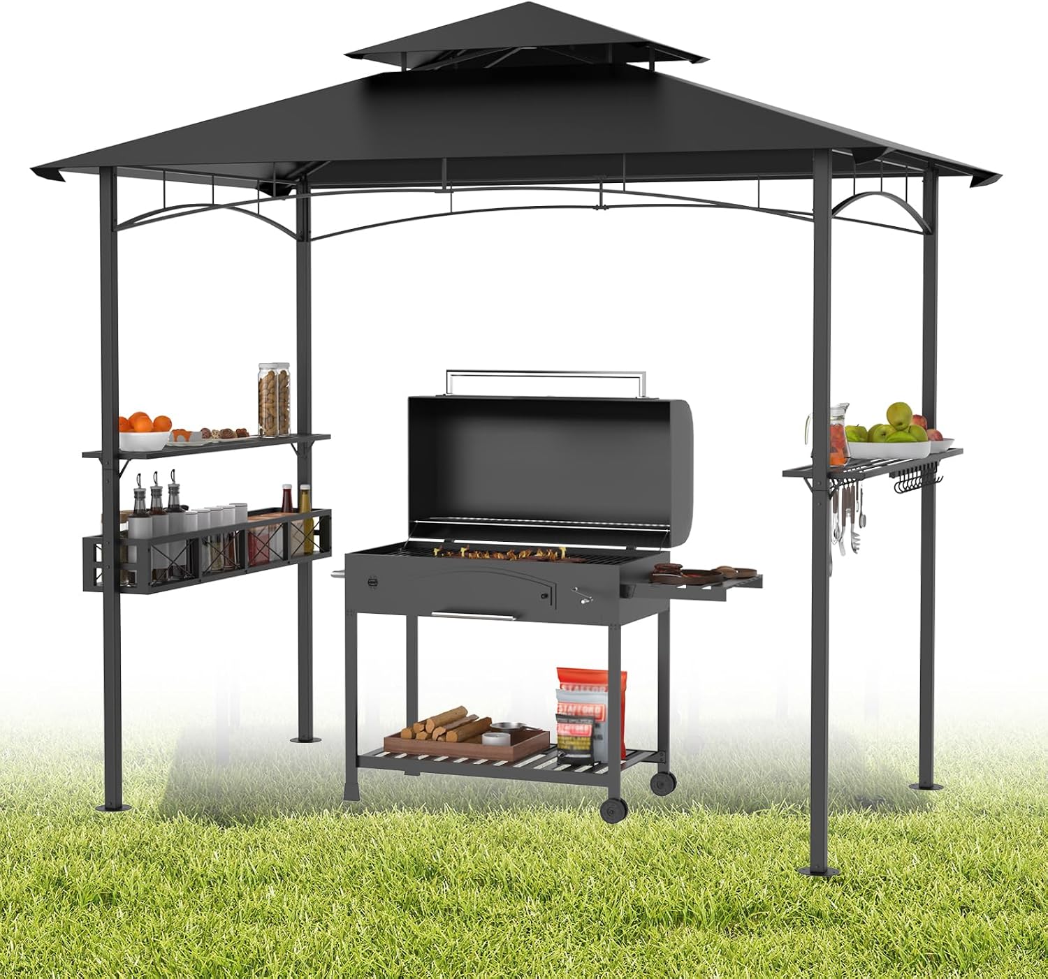 Barbecue Gazebo with Double Layer Roof 245 x 153 x 250 cm Garden Gazebo Waterproof Flame Retardant Includes Storage Basket Garden Tent Party Tent for Garden/Parties/BBQ Black