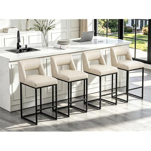 RNKSFX Counter Height Bar Stools Set of 4 for Kitchen Counter Modern Bar Chairs with Backs 26 Inch for Kitchen Island with Upholstered Faux Leather Seat and Metal Frame, Beige