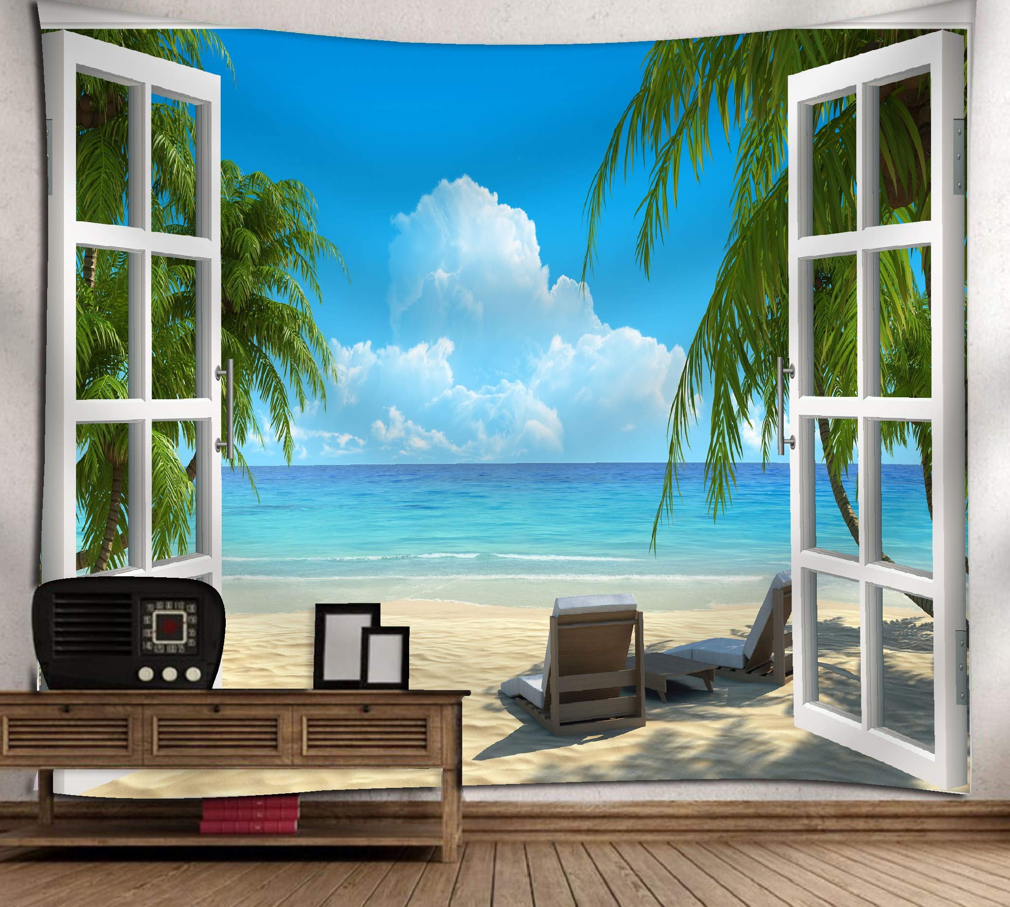 Get Orange Beach Tapestry Palm Trees In Ocean Heaven Sunbeds Balcony White Wooden Windows Summer Tropical, Wall Hanging For Bedroom Living Room Dorm 80x60 Inch