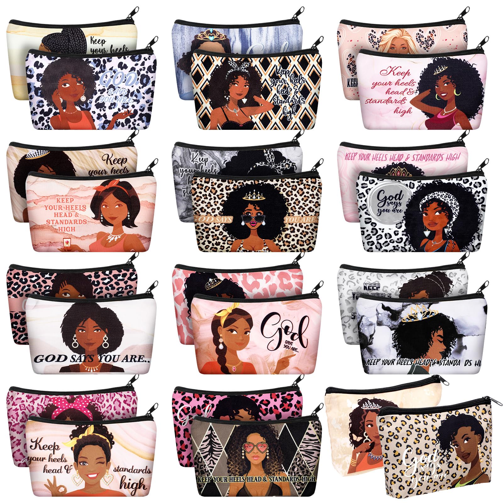 Talltalk 24 Pcs Makeup Bag Toiletry Canvas Zipper Makeup Bags Housekeeping Appreciation Gifts Cosmetic Pouch Reusable Multipurpose Organizer(Black,African Women)