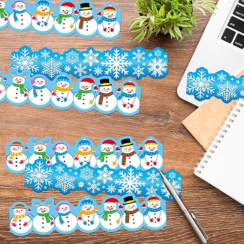 Miniatura 6 de Tablero de anuncios de invierno de 78.7 pies, decoración de aula, borde de anuncios de copo de nieve, Navidad, vacaciones, muñeco de nieve, borde