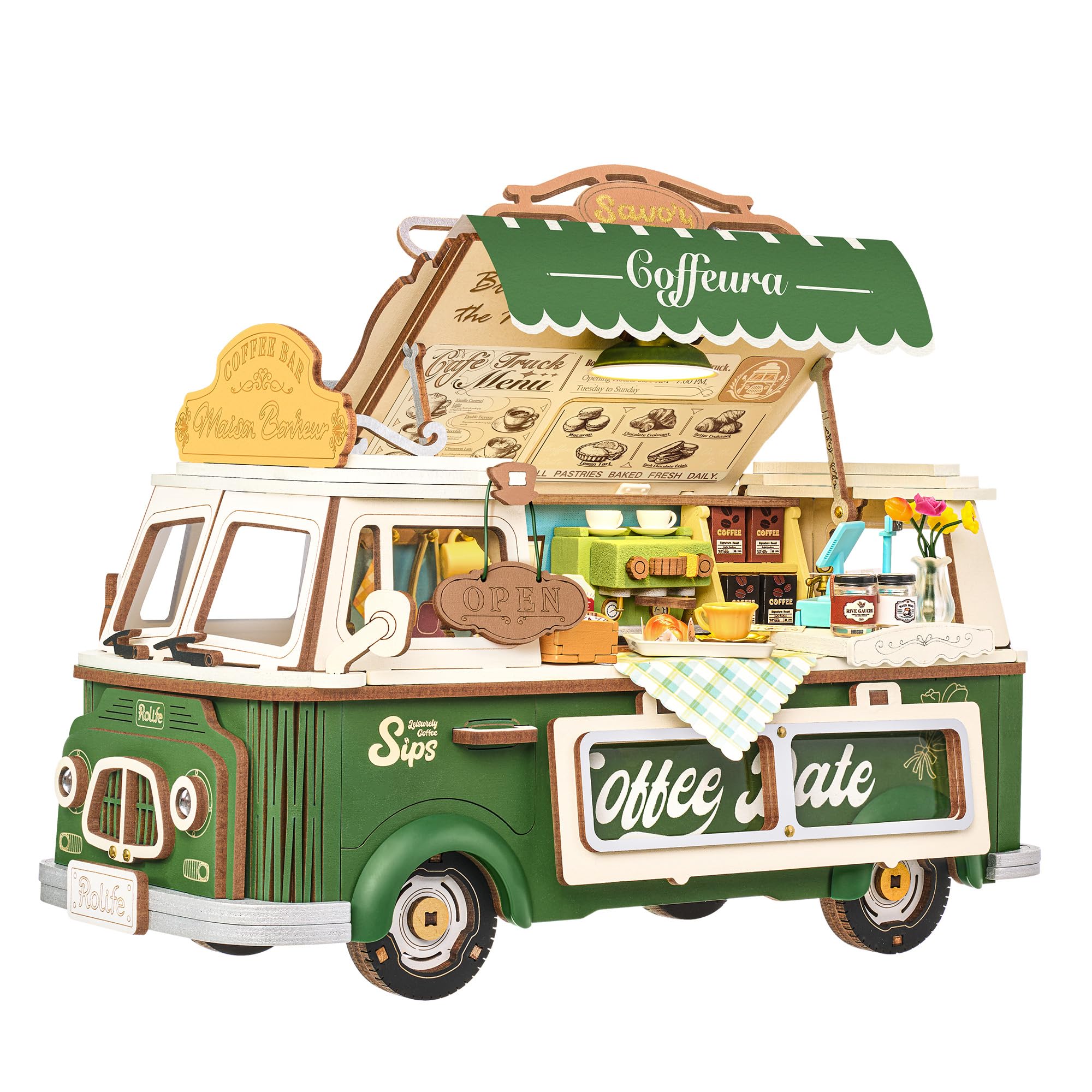 Rolife Model Kit 3D Puzzle Wooden Model Kit for Adults to Build DIY Miniature House Kit Craft Kit Building Sets Book Nook Home Decoration Birthday Gifts for Adults and Teens (Leo's Coffee Truck)