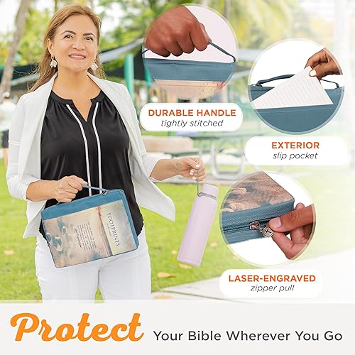 Miniatura 30 de Funda de lona para hombres y mujeres con cremallera para Biblia o libro con asa. Azul marino/Be Still