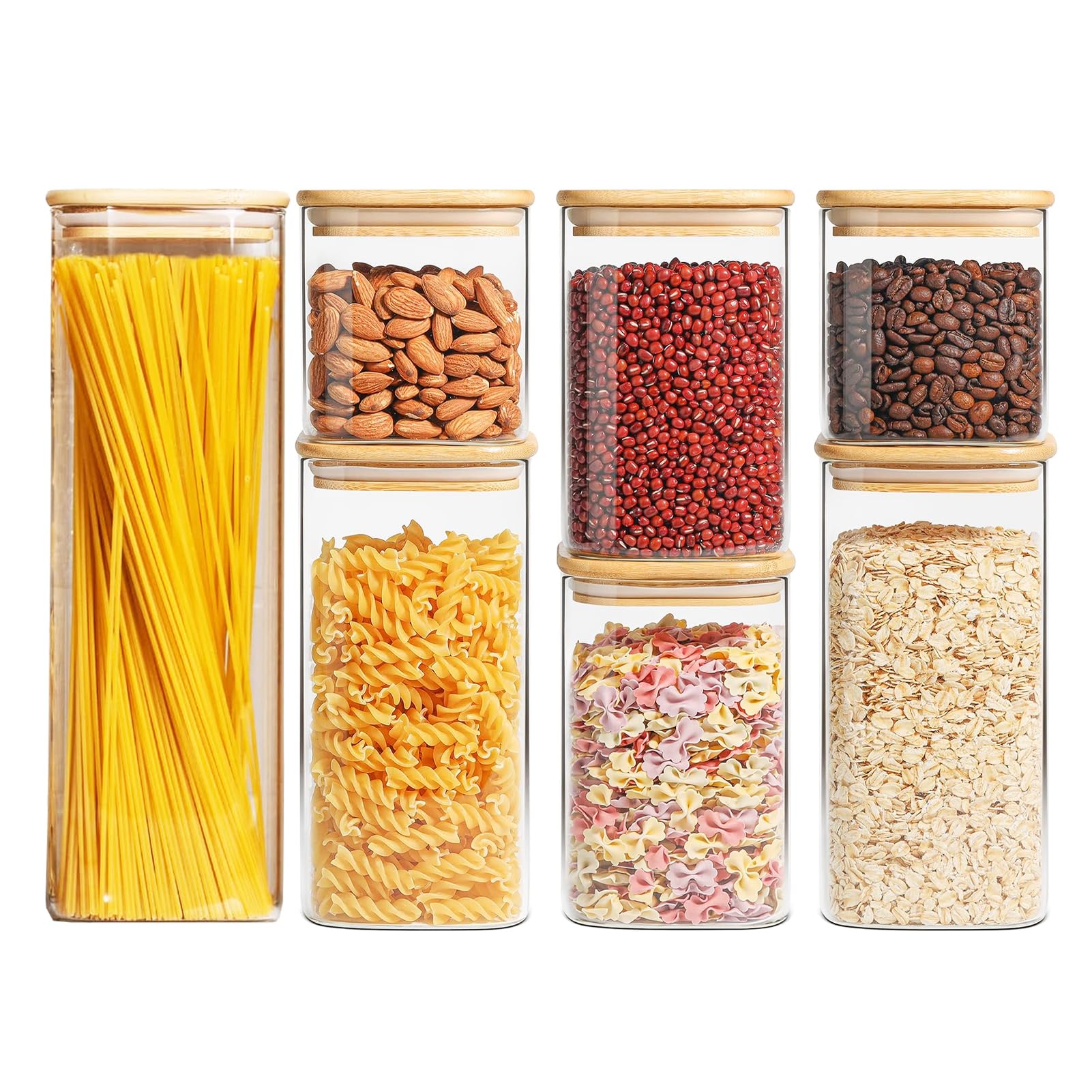 VAODO Airtight Food Storage Container Set, 7 Piece Plastic Kitchen and Pantry Organizer Jars with Bamboo Lid, BPA Free, for Flour, Cereal, Candy, Coffee, Tea, Cookies, Sugar, Nuts