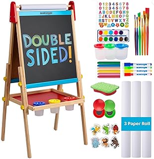 Art Easel for Kids with Paper Roll x 3, Includes 100+ Accessories, Double Sided Adjustable Wooden Painting Easel with Magnetic Chalk Board, White Board for Toddlers Ages 3,4,5,6,7,8,9,10,12