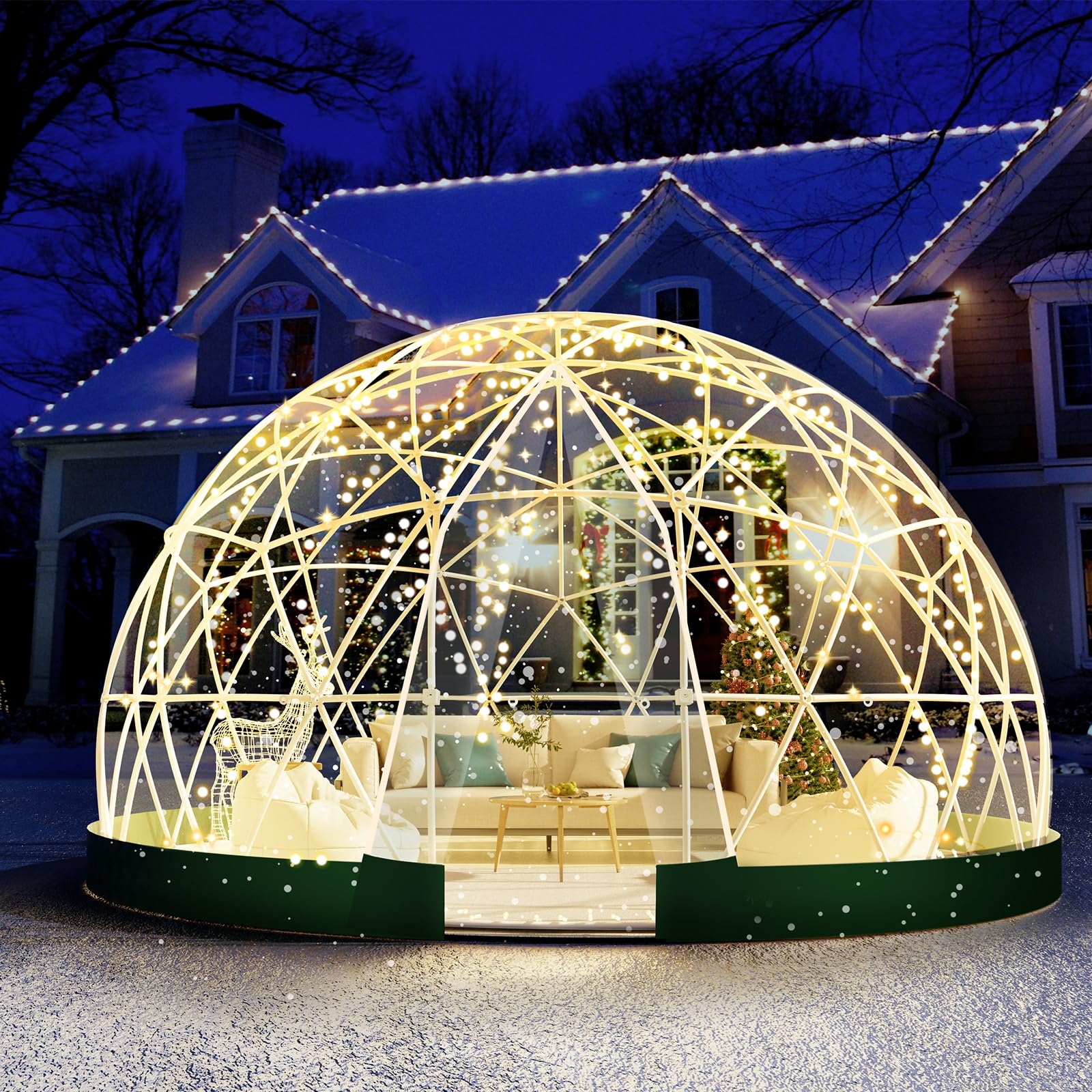 12FT Garden Dome lgloo, Geodesic Dome Greenhouse with PVC Clear Cover, Waterproof Garden Bubble Dome Tent House with 2 x 10M Light Strings for Outdoor, Patio, Backyard, Party (White, 9.7FT/2.9M)