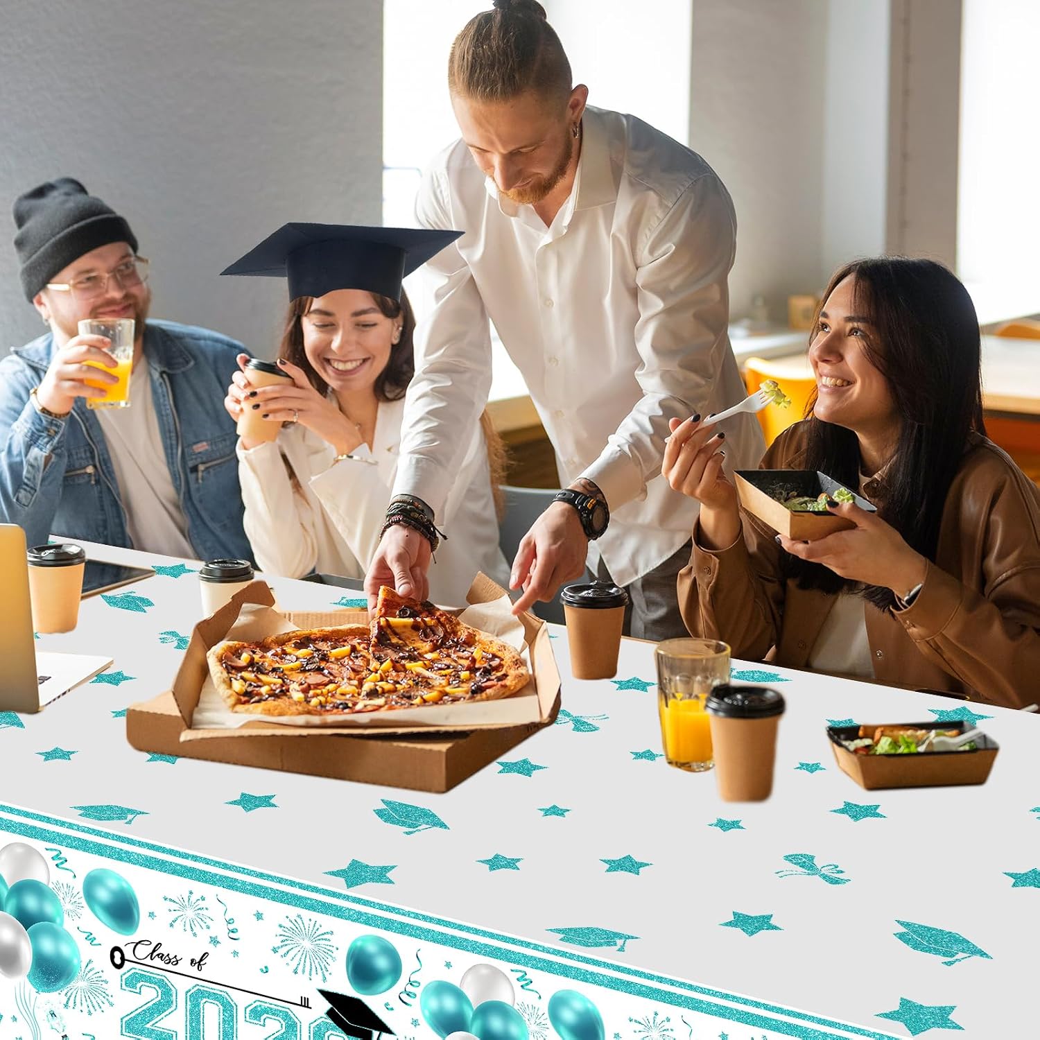 Avezano 6 pcs Graduation Tablecloths 108 x 54 inch Graduation Table Cloths Class of 2026 Teal and White Grad Party Tablecover Decorations Plastic Disposable
