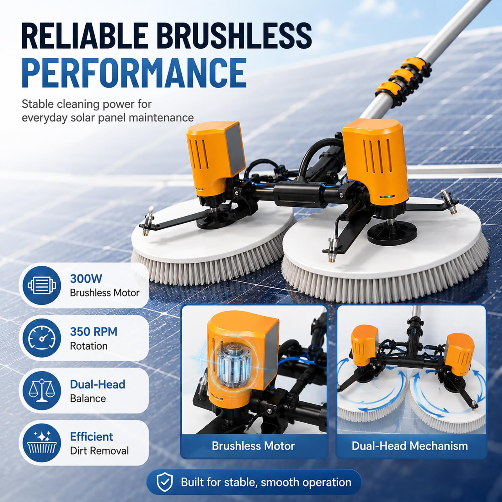 Cepillo Telescópico para Paneles Solares – Doble Cabezal Giratorio con Cerdas de Nylon para Mantenimiento Fotovoltaico 7.5m(24.6ft)