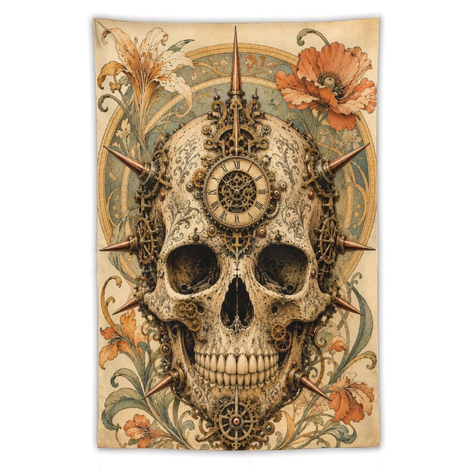 H3B8U2Y5 Ornate Skull with Flowers Wall Tapestry, Gothic Oil, Room Divider
