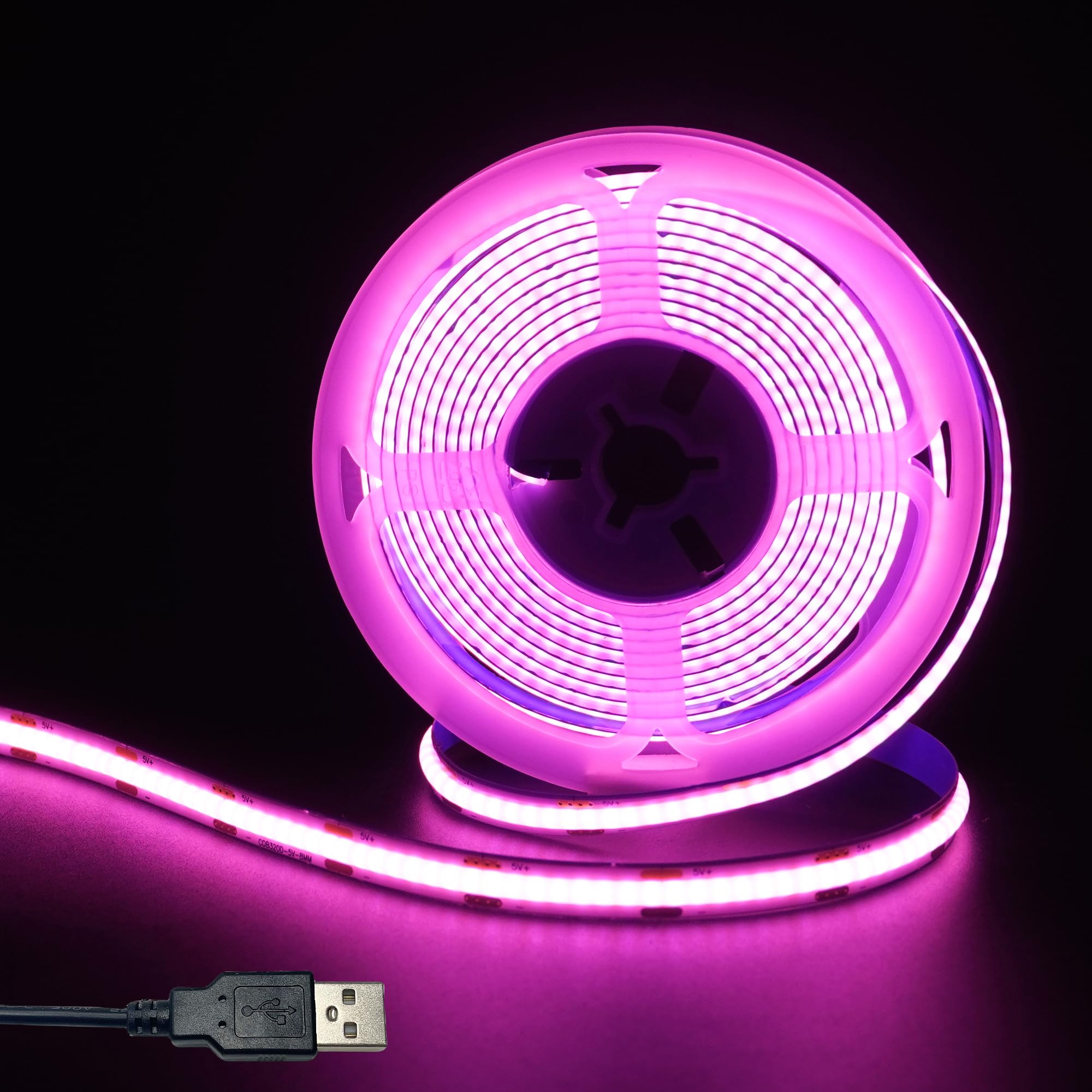 5V 8mm Width USB COB LED Strip Lights,Pink,320LEDs/M,8W/M,CRI90,9.84FT/3M,Electroplated Double-Sided Panel Light Strip,Waterproof IP20,Flexible Strip for Indoor Decoration