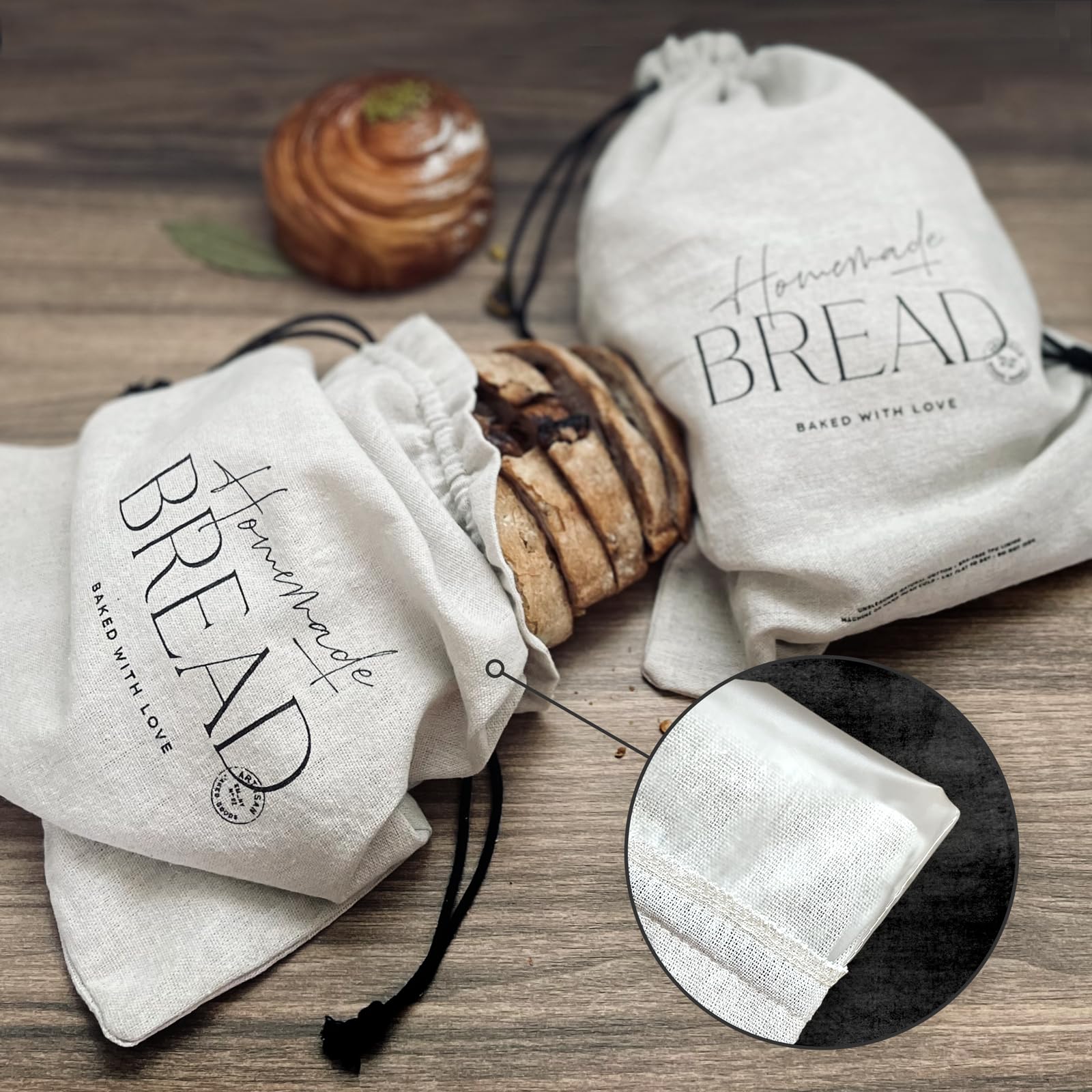 BPA-Free Plastic Lined Reusable Linen Bread Bags (Set of 2): Non-Toxic, Washable, TPU Lined, Drawstring Freezer Storage Bags for Homemade Sourdough Bread | 2 Pack