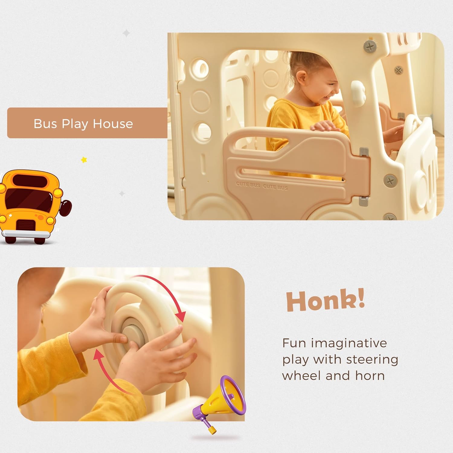 Toddler Slide Swing Set with Bus Play Structure Freestanding Climber Swing Playset with Basketball Hoop for Boys Girls Birthday Xmas Gifts Beige