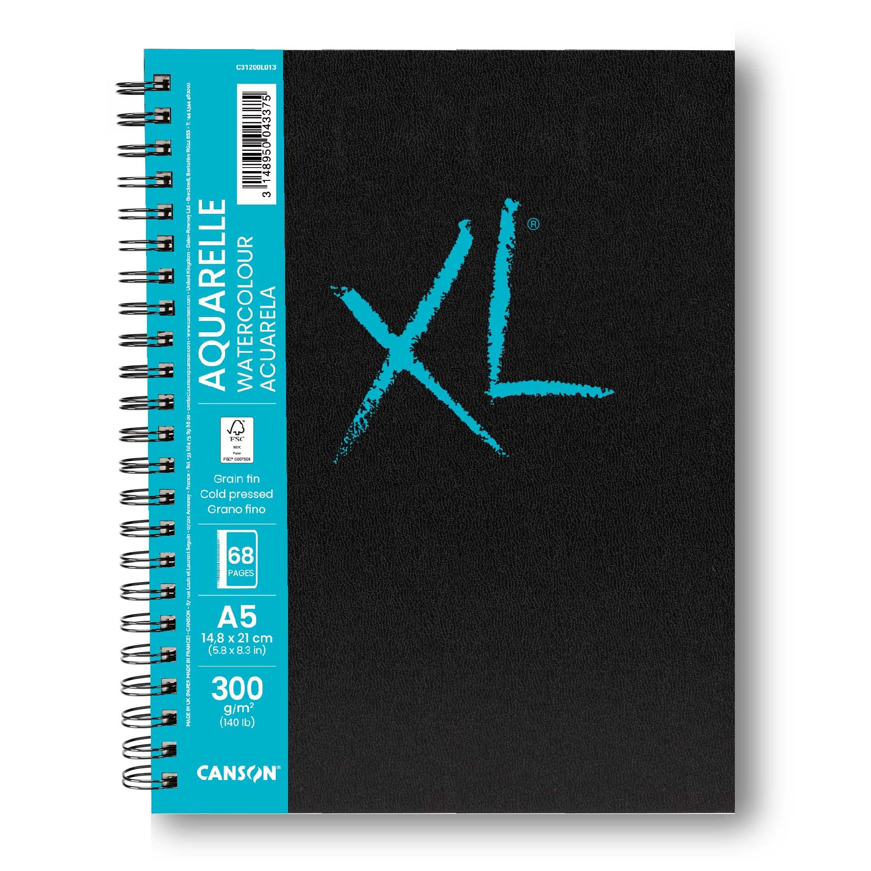 Canson XL Art Book, Papel Acuarela, Grano Fino, 300gsm, Cuaderno Espiral, A5-14,8x21cm, Blanco, 34 hojas