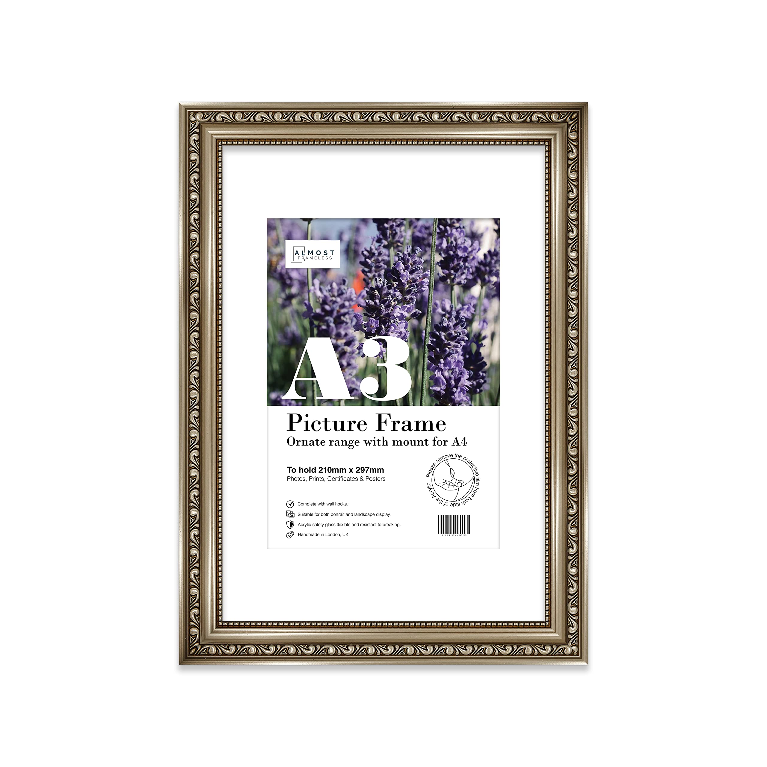 A3 Gunmetal  Ornate Picture Frame (42 X 29.7Cm) With Mount For A4 PosterPhotoArtworkGallery Wall Or Print from B&Q