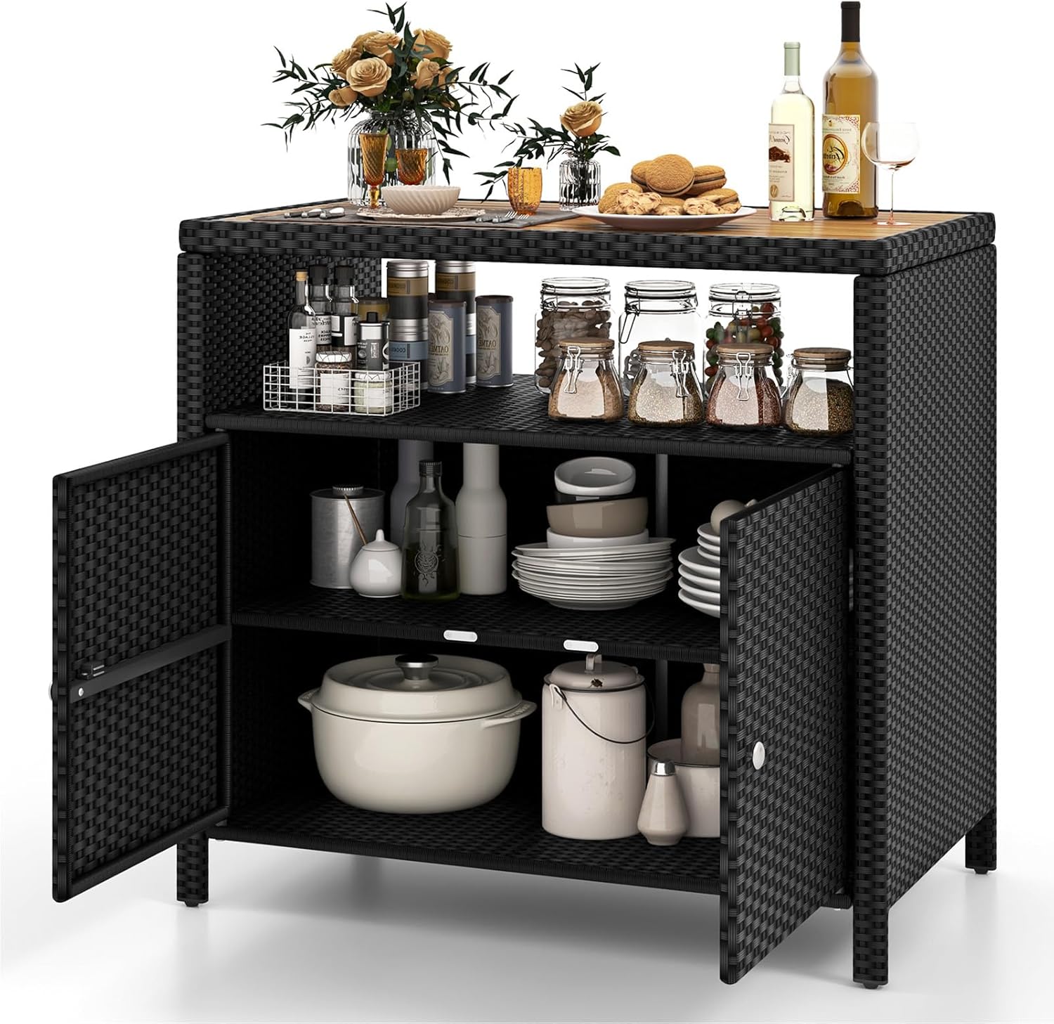Wicker Outdoor Cabinet, PE Rattan Kitchen Island with Acacia Wood Top, Metal Frame, Adjustable Feet, 2 Doors & Open Shelf, Patio Storage Cabinet for Backyard Balcony Garden Poolside (Black)