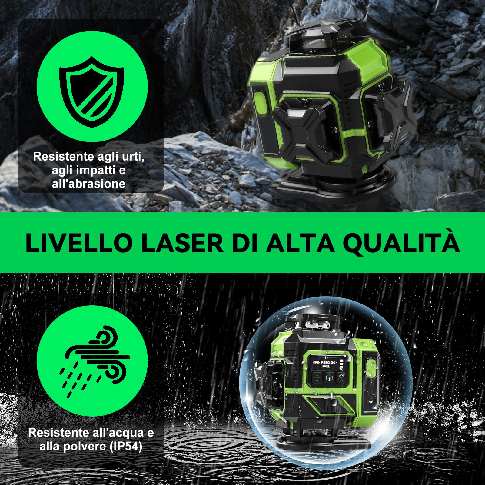 Livella Laser Autolivellante, 16 Lines 4 x360° Livella Laser Verde Potente con Treppiede Telescopico, 4D livella Laser a Linee Incrociate Dispositivo di Livellament, 3600mAh x 2 Batteria